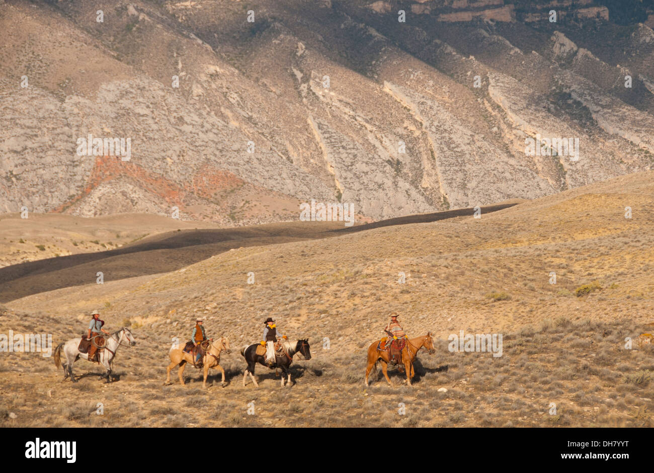 Cowboy e cowgirl a cavallo nella Bighorn Mountains del Wyoming Foto Stock