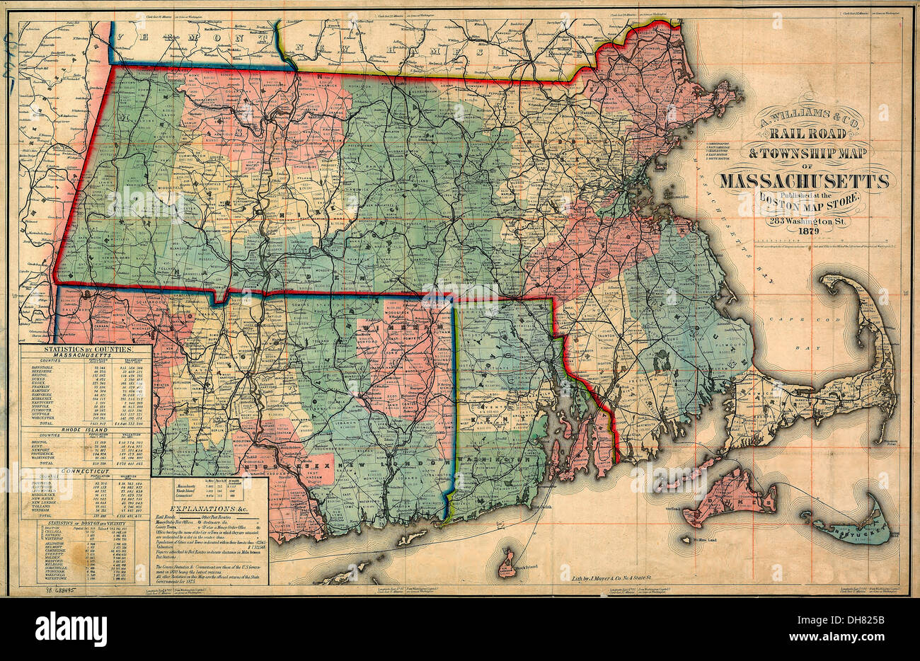 Ferrovia & township mappa del Massachusetts, pubblicato a Boston map Store, 1879. Foto Stock