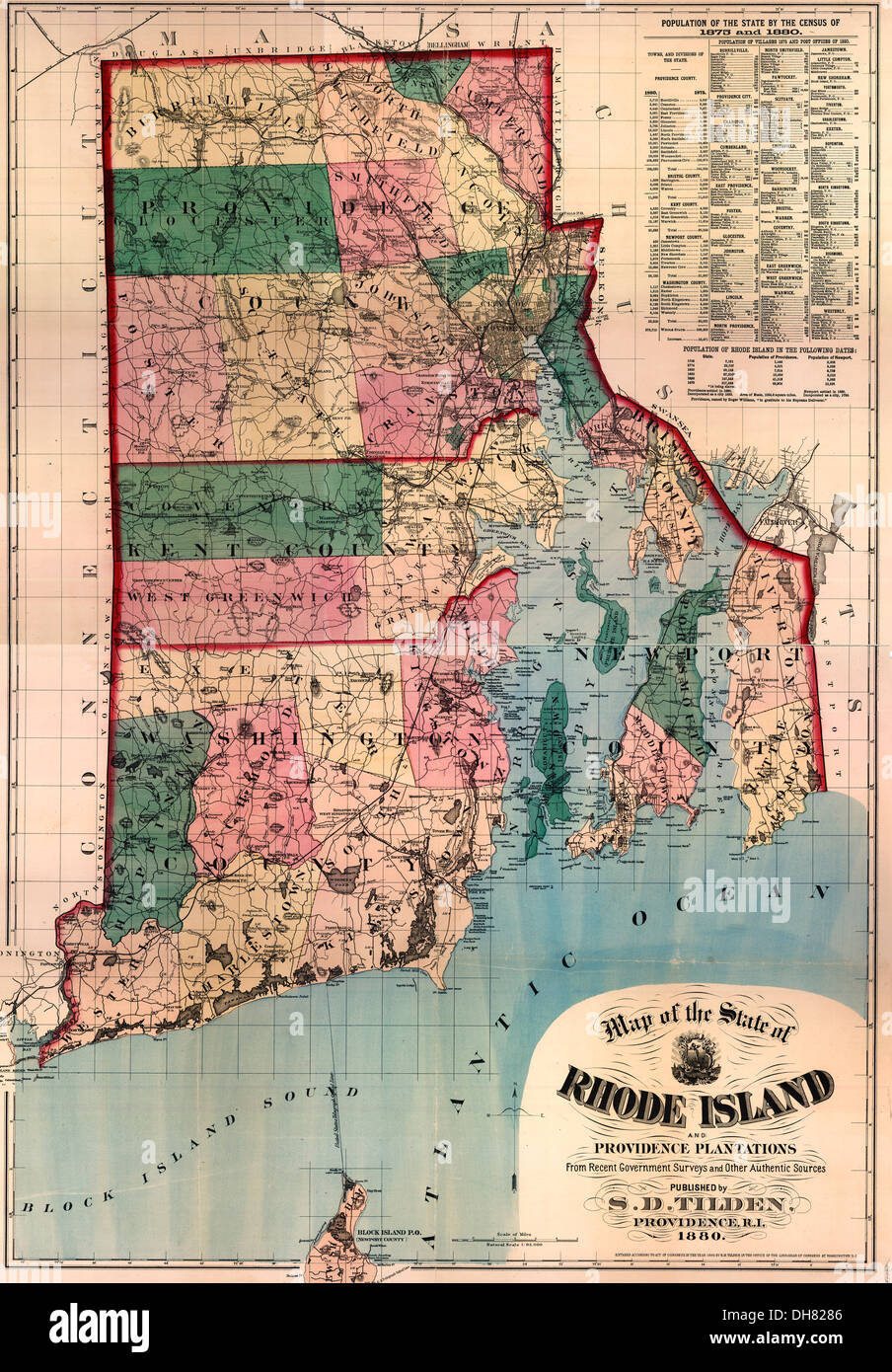 Mappa di Rhode Island e le piantagioni di Providence 1880 Foto Stock