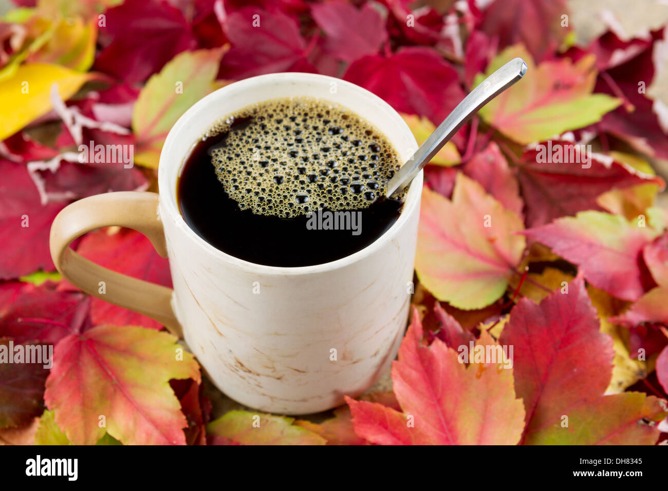 Foto orizzontale di fresco nero caffè in tazza cucchiaio inclusi stagionali con foglie di autunno che circonda mug Foto Stock