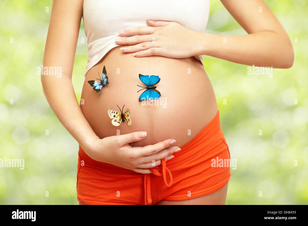 Donna incinta pancia, butterfly, su sfondo verde Foto Stock