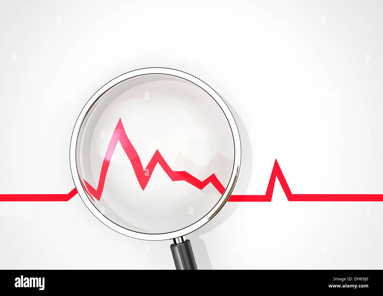 Lente di ingrandimento con un grafico rosso, immagine concettuale Foto Stock