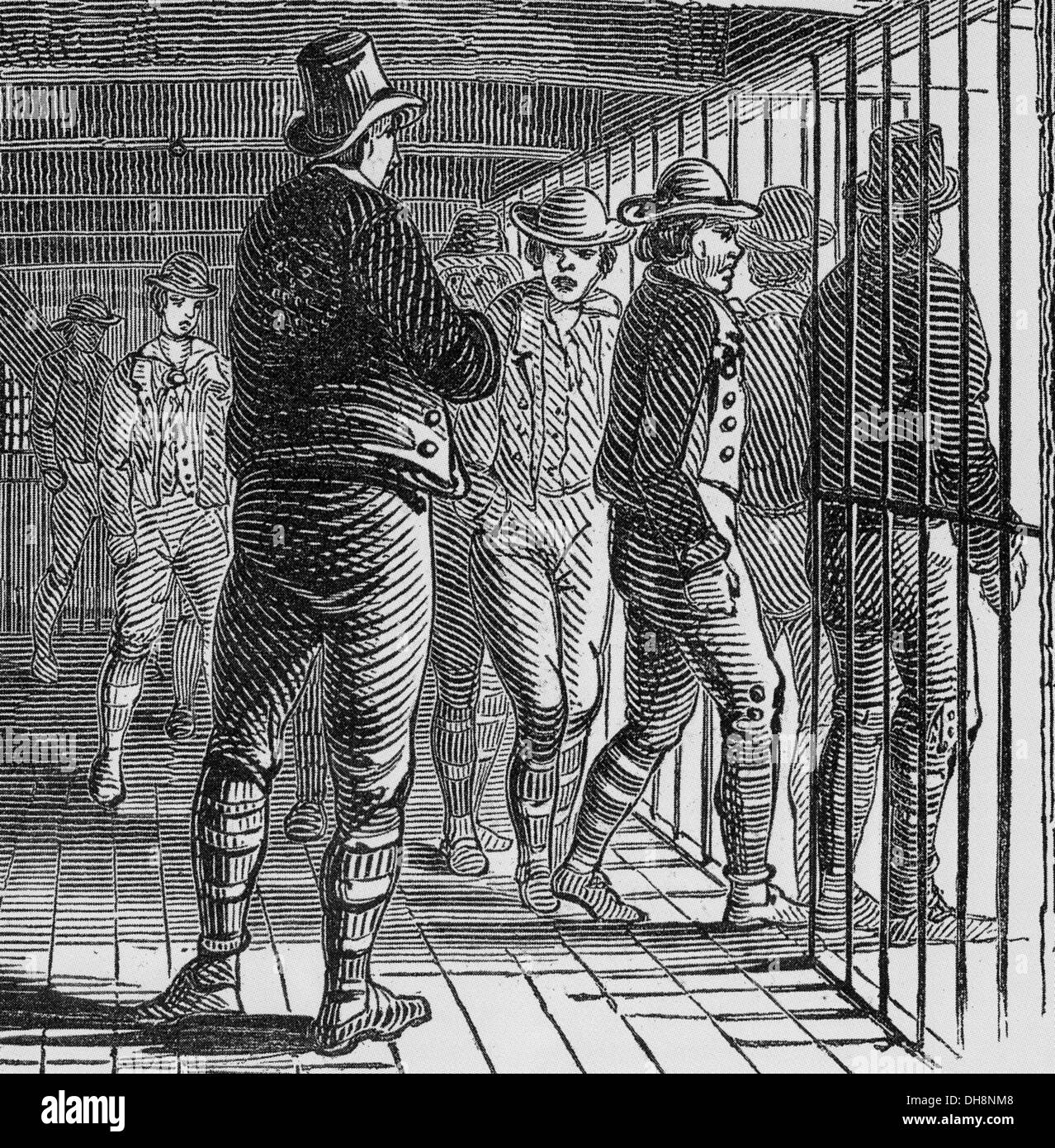 HULK prigionieri della prigione di essere prese in considerazione per l'esercizio a bordo di una vecchia nave da guerra utilizzata come prigione in Portsmouth Porto circa 1835 Foto Stock