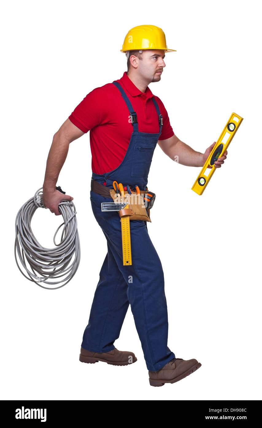 Ritratto di soggetti di razza caucasica tuttofare isolati su sfondo bianco Foto Stock