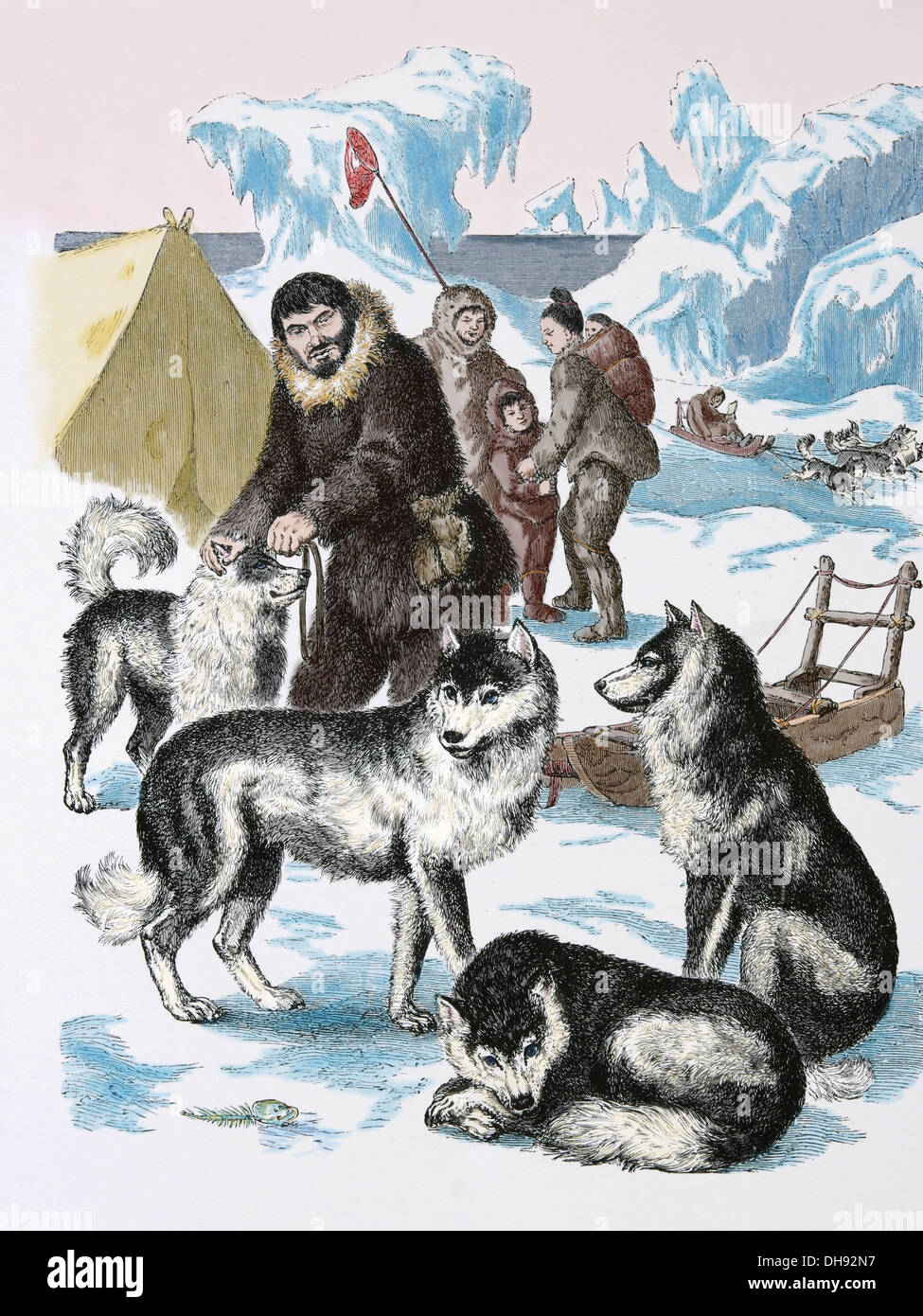 America. L'Alaska. Eschimese Cacciatore con cane, 1880. Incisione. Colorazione successiva. Foto Stock