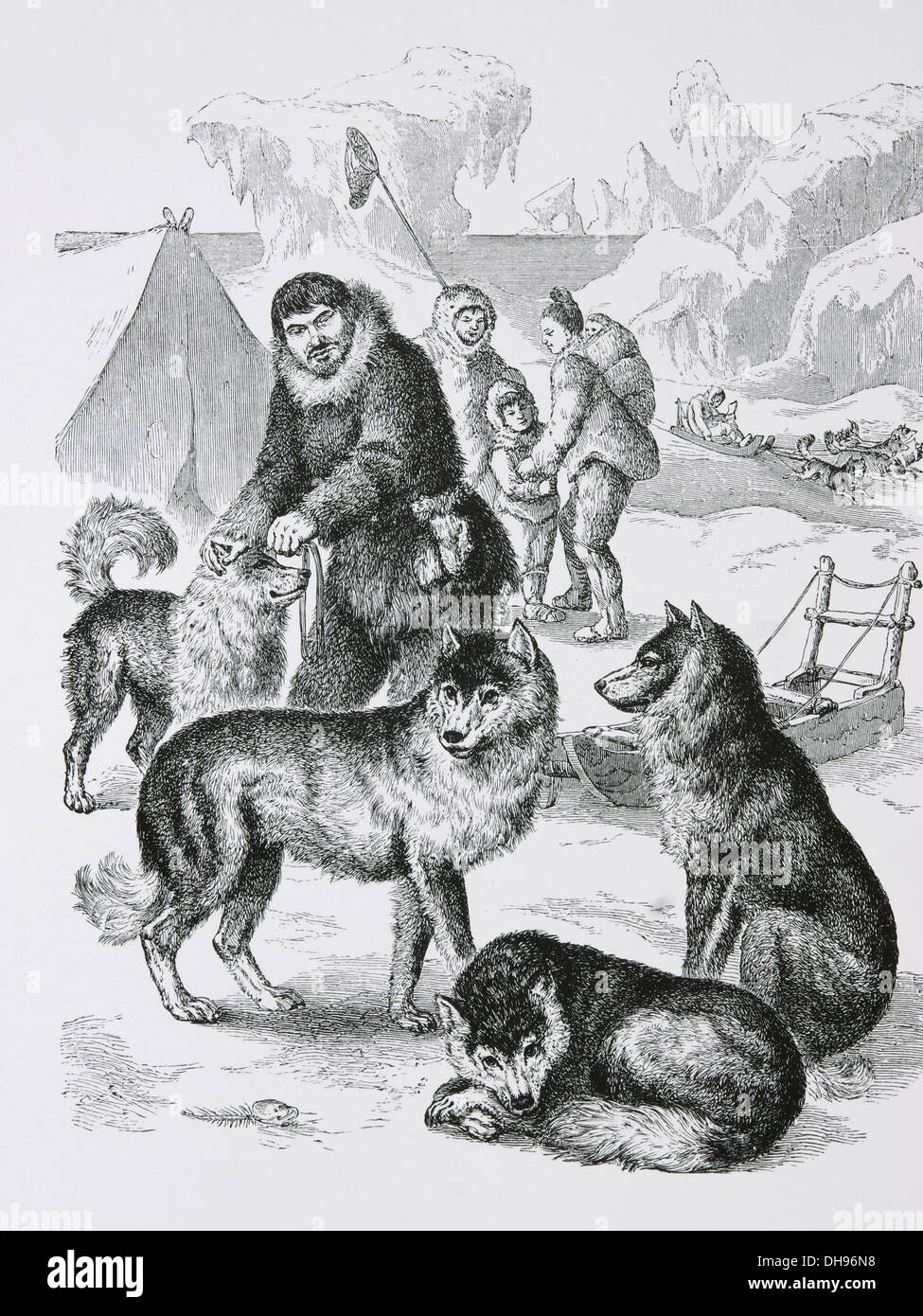 America. L'Alaska. Eschimese Cacciatore con cane, 1880. Incisione. Foto Stock