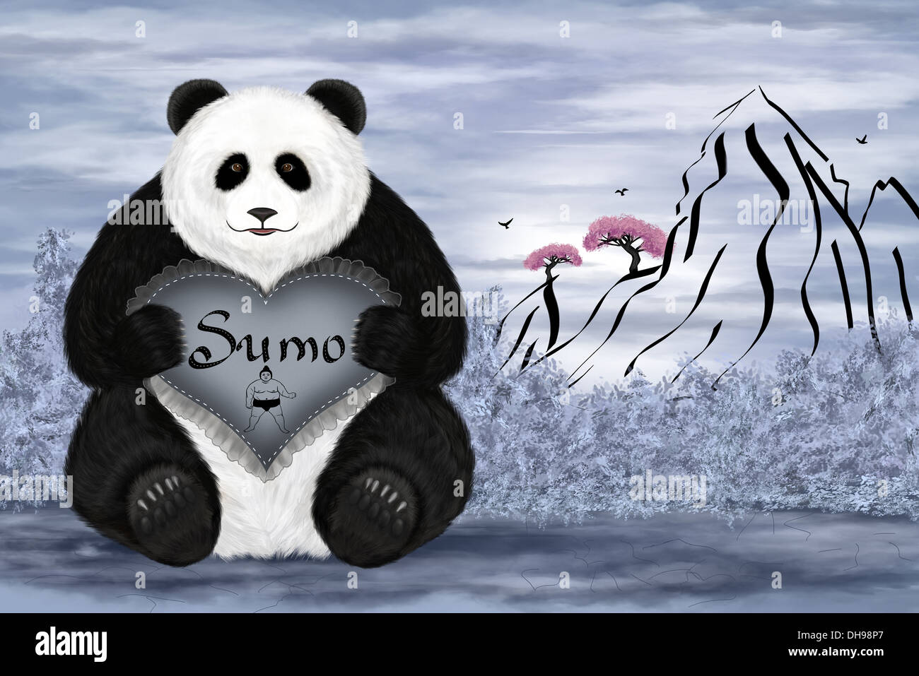 Arte digitale illustrazione. Big panda sumo. Sfondo in stile giapponese. Foto Stock