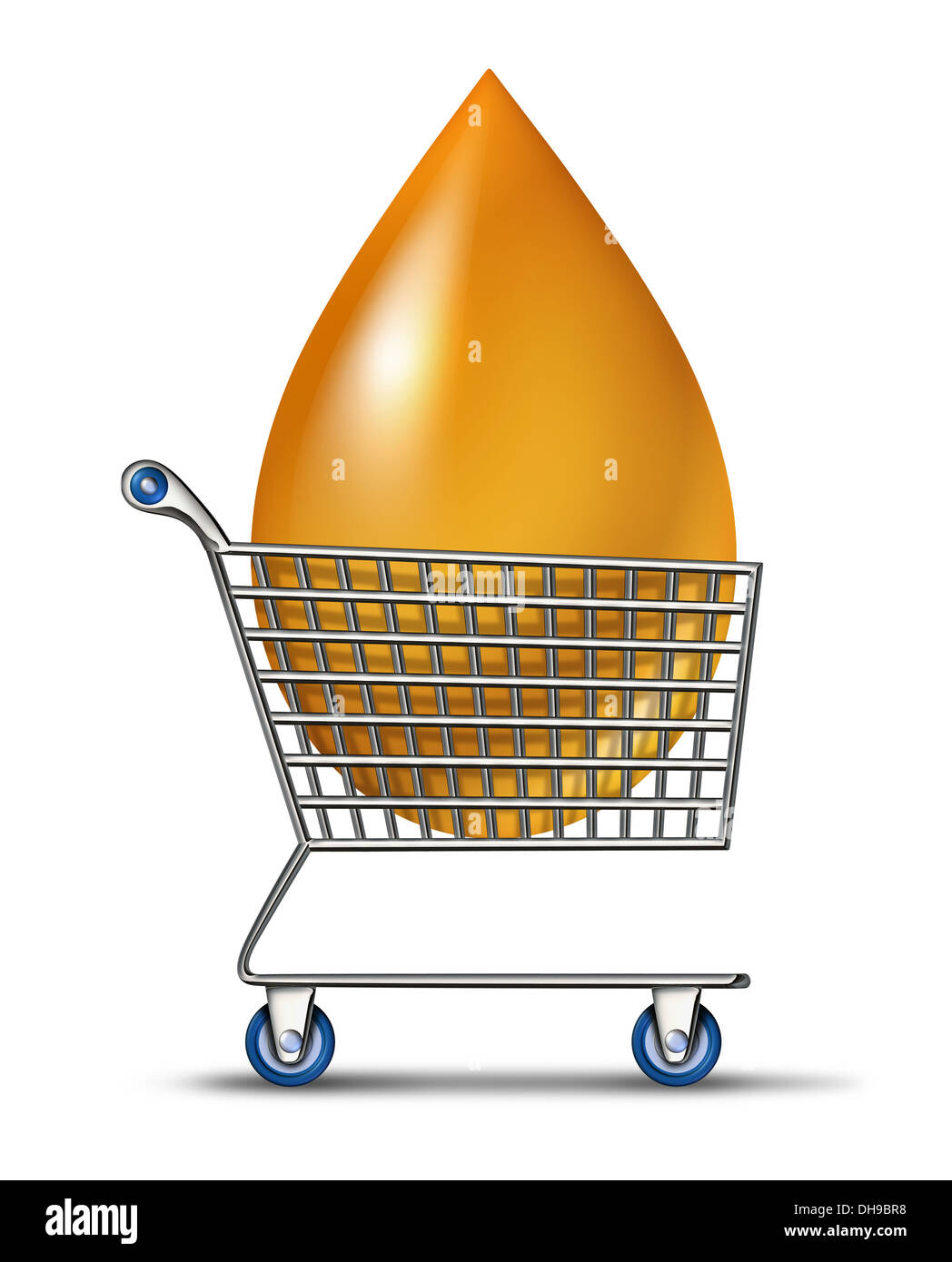 Shopping per il combustibile come un concetto di affari per l'industria del petrolio e del gas prezzi come un metallo shop carrello il trasporto di un liquido gigante goccia di benzina prodotto a base di petrolio come simbolo del mercato dell'energia. Foto Stock