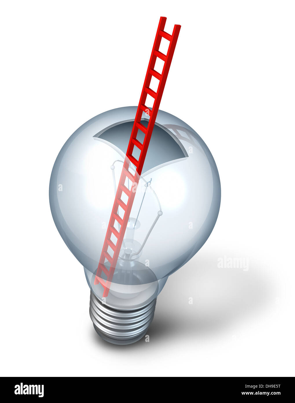 Accesso creativo come aprire il vetro della lampadina della luce con una scala rossa all'interno come una metafora per pensare al di fuori della casella e creative discovery con entrata al funzionamento interno della innovativa strategia di successo su uno sfondo bianco. Foto Stock