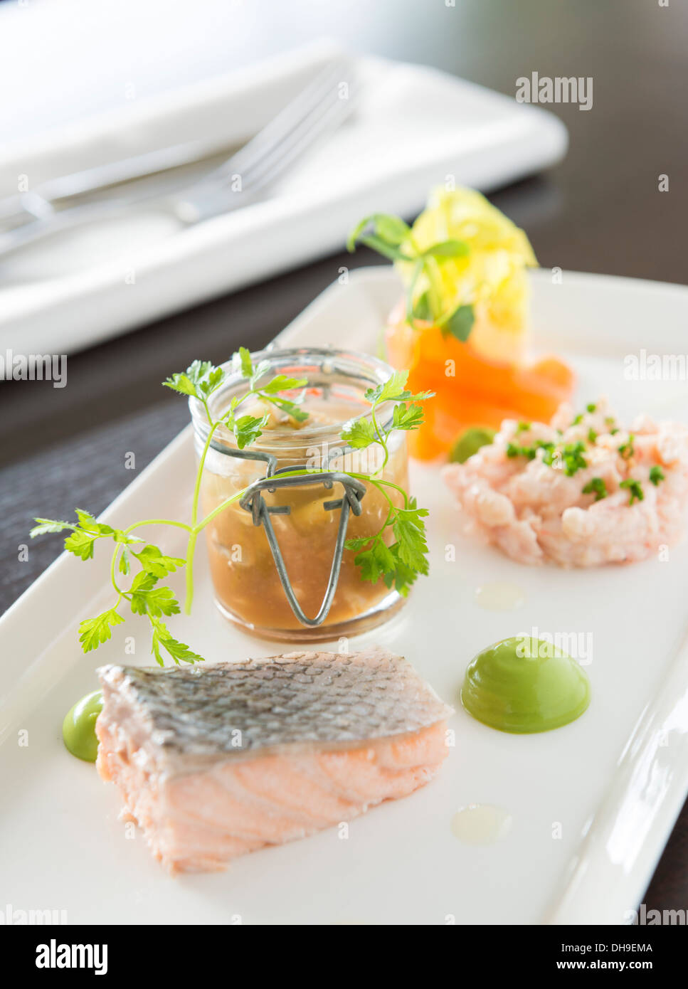 Frutti di mare pesce da un raffinato ristorante Foto Stock