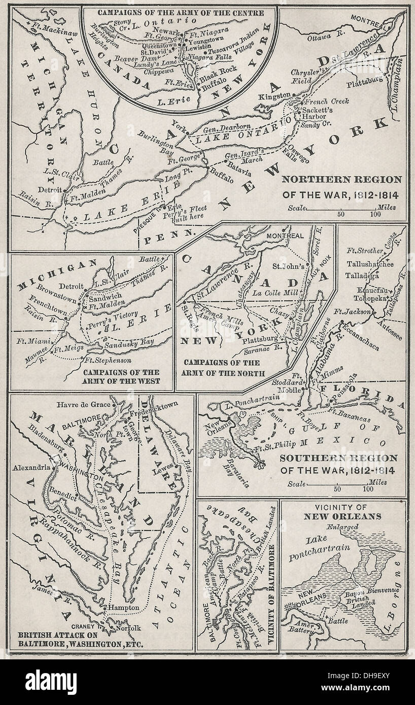 Mappa delle campagne di guerra del 1812 combattuto tra gli Stati Uniti e la Gran Bretagna 1812-1814 Foto Stock