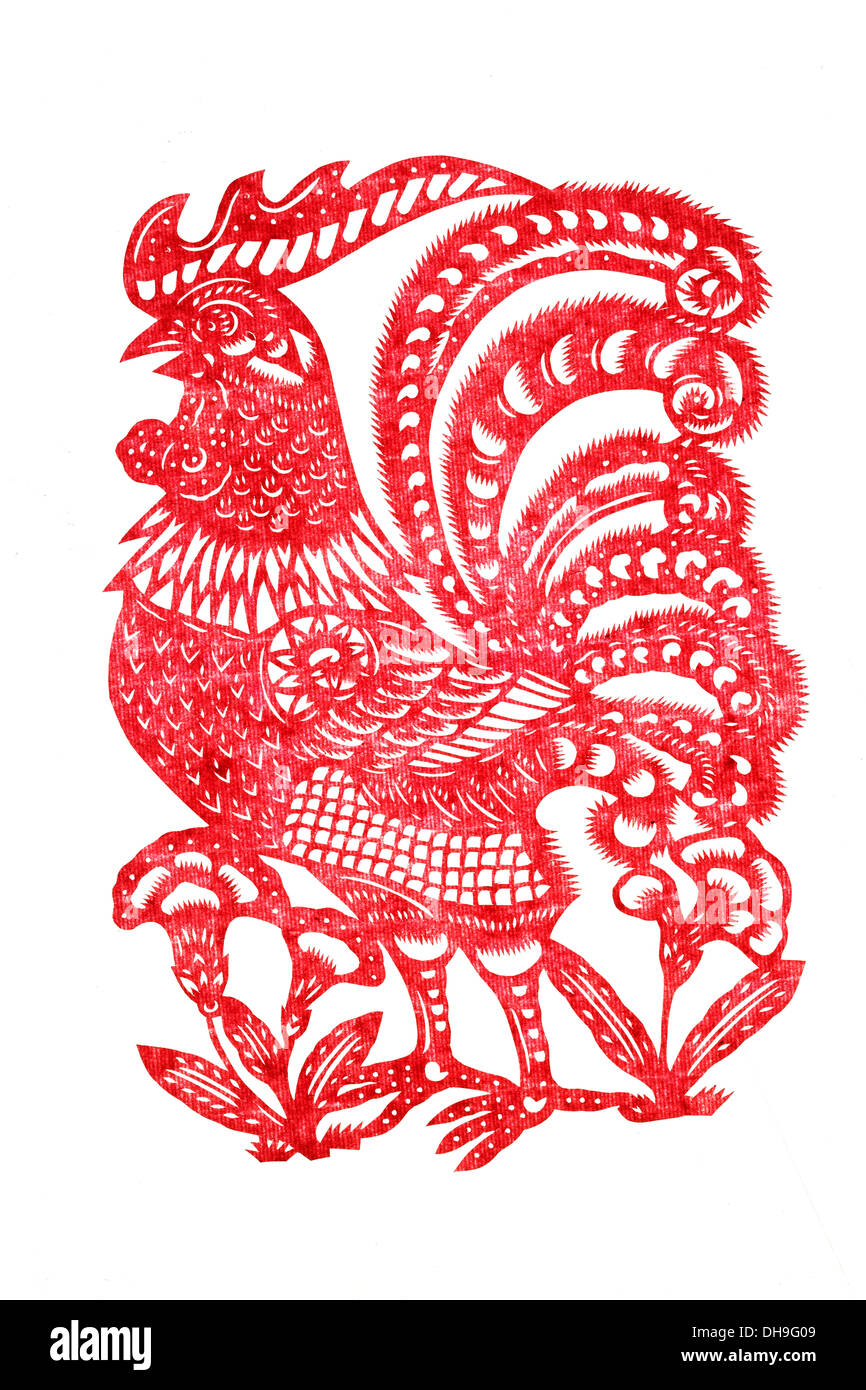 Carta tagliata zodiac rooster Foto Stock