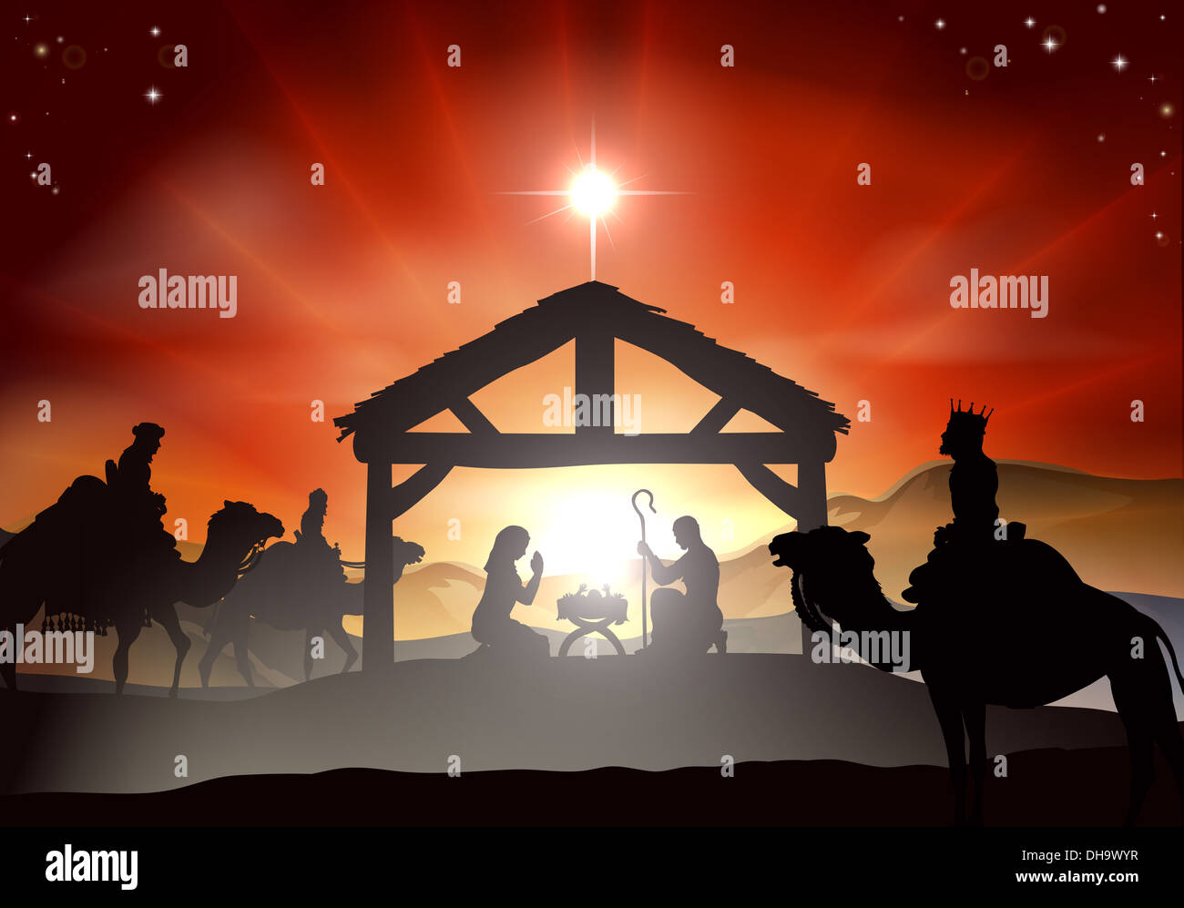 Natività scena di Natale con il bambino Gesù nella mangiatoia in silhouette, tre uomini saggi o dei re e la stella di Betlemme Foto Stock