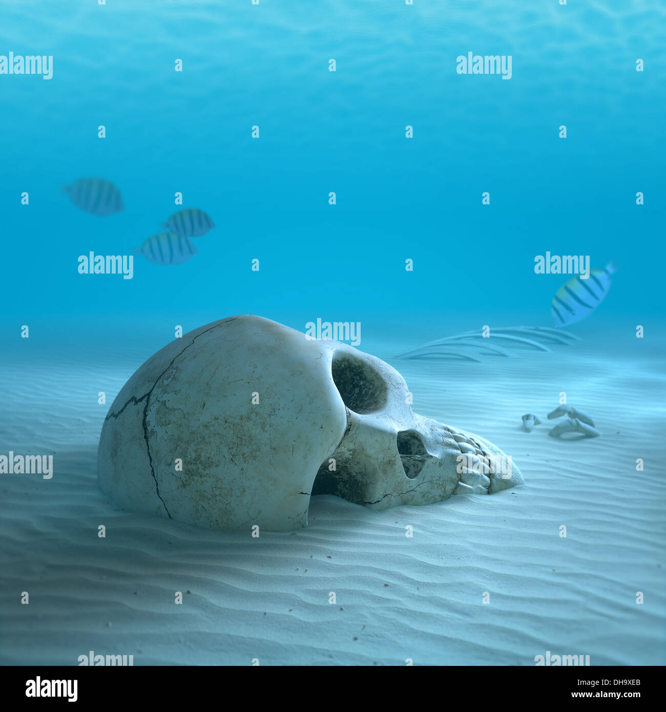 Cranio di sabbia sul fondo dell'oceano con pesci piccoli la pulizia di alcuni ossa ( 3D Rendering con leggera messa a fuoco differenziale) Foto Stock