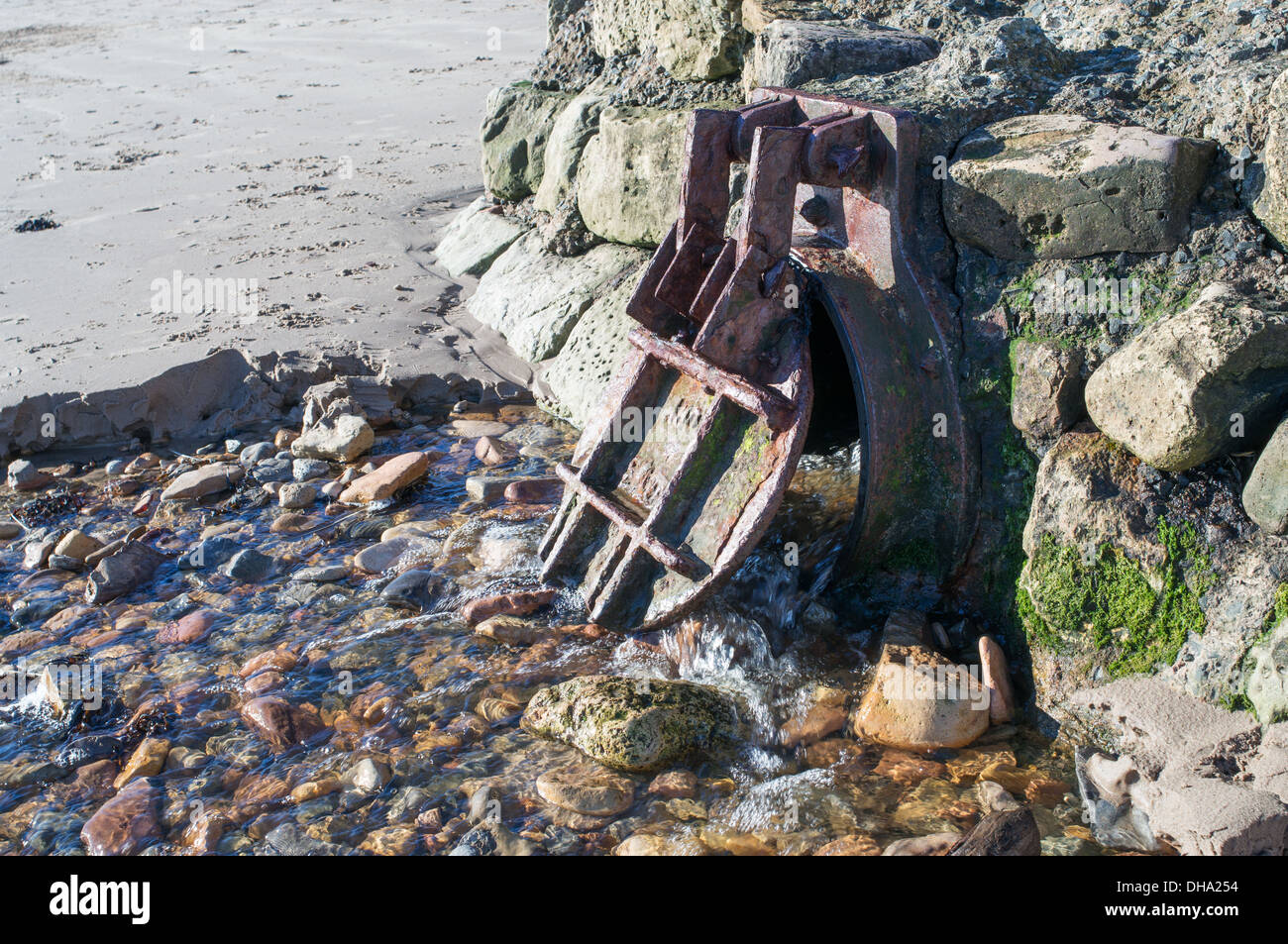 Acqua di superficie emissario sottomarino con ghisa aletta circolare Beadnell valvola, Northumberland, England, Regno Unito Foto Stock