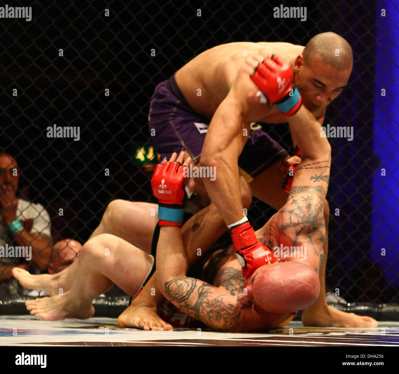Una gabbia combattimenti match tra Tony Giles aka Rhino e Peter Nemeth dall Ungheria tenutosi a Troxy Limehouse Giles ha vinto dopo la lotta Foto Stock