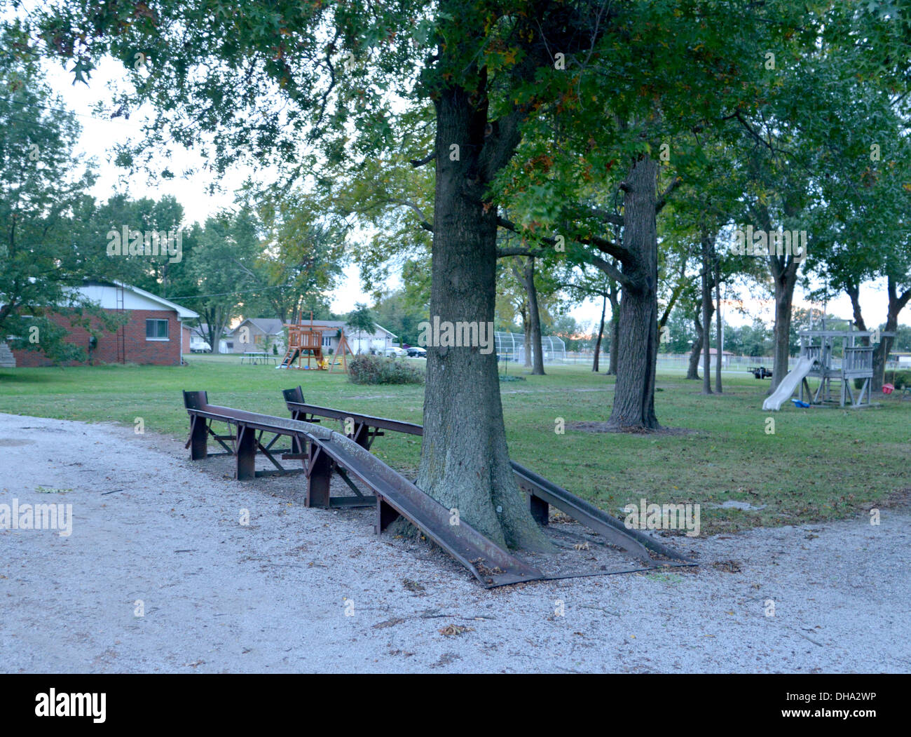 Auto vecchia rampa sulla Route 66 lasciato inutilizzato così a lungo un albero è cresciuto attraverso di esso. A Soulsby stazione di servizio sulla rotta 66, Illinois Foto Stock
