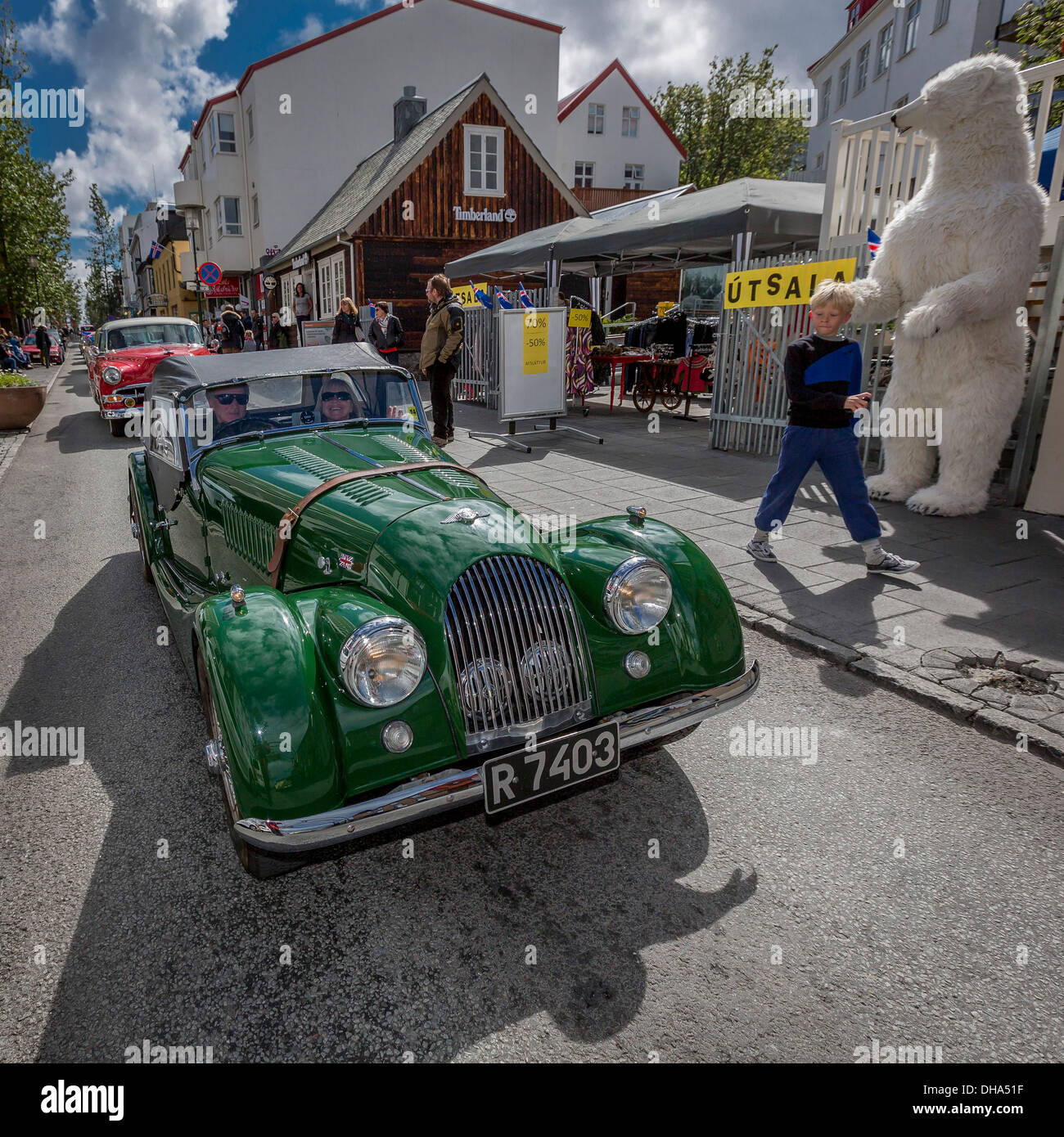 Il vecchio Morgan auto viene mostrato durante l'Islanda giorno dell indipendenza a Reykjavik, Islanda Foto Stock