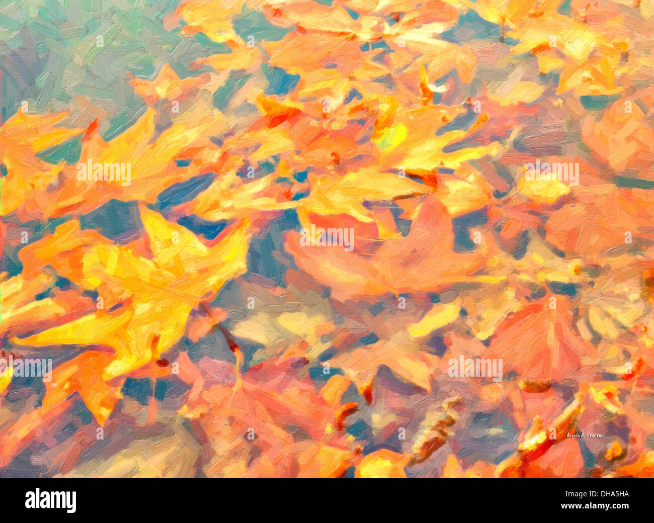Computer immagine generata di autunno foglie colorate galleggianti in acqua Foto Stock
