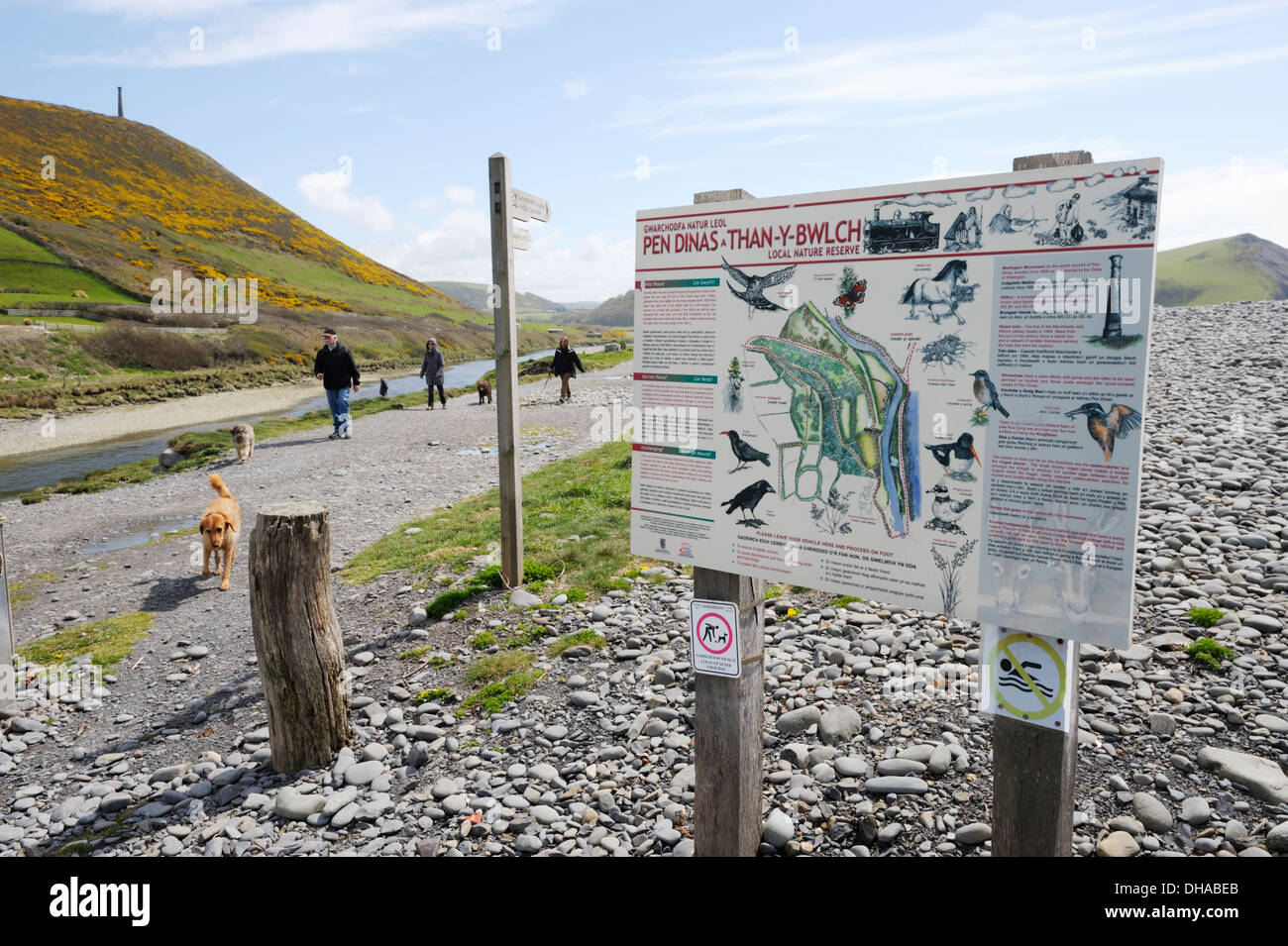 Pen Dinas e Tan y Bwlch riserva naturale, scheda informativa con cani e camminatori, Aberystwyth, Galles, Regno Unito Foto Stock