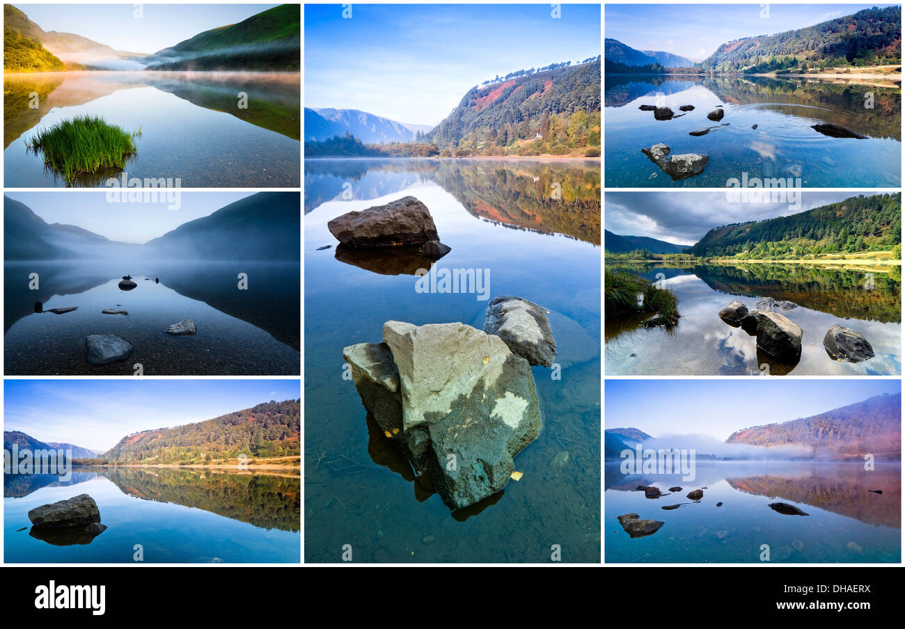 Collage di sette immagini che mostrano differenti viste sul lago Superiore a Glendalough, Repubblica di Irlanda Foto Stock