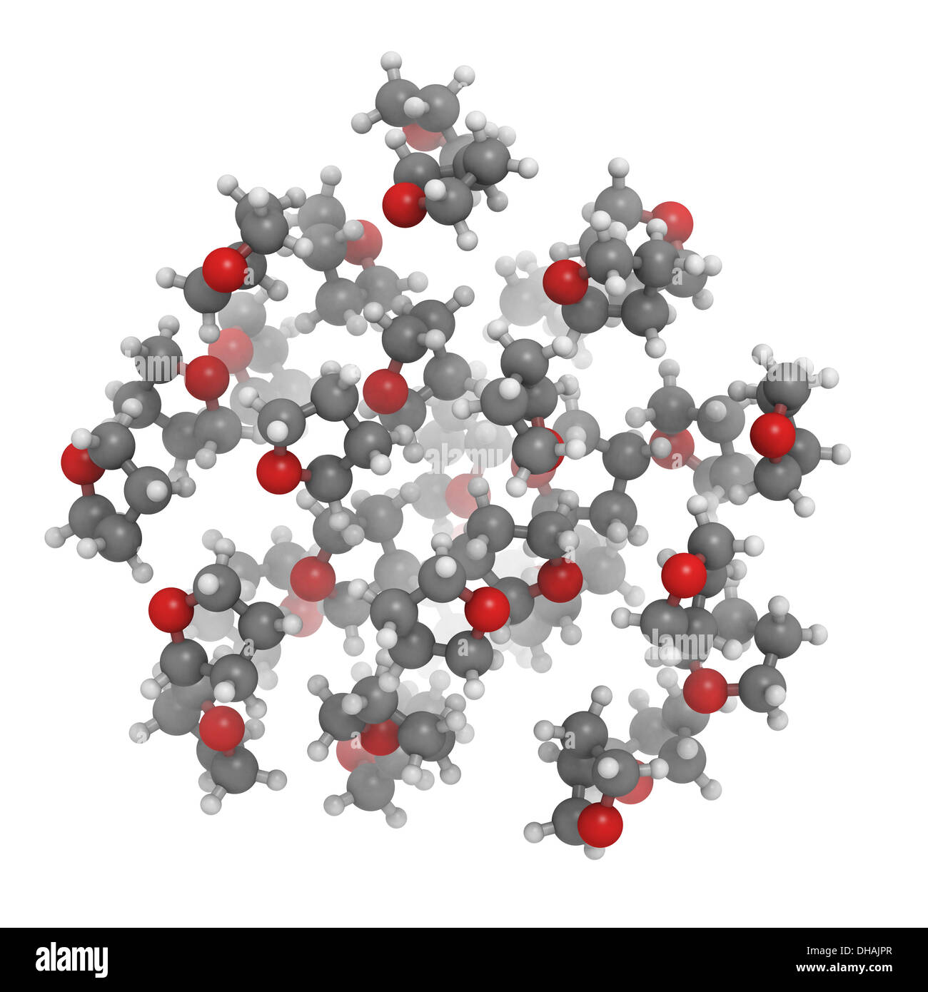 Il tetraidrofurano (THF) molecole, sfera liquido modello. Usato come un solvente chimico e per rendere plastica. Foto Stock
