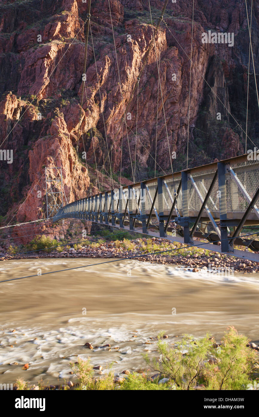 Argento ponte sopra il fiume Colorado in Bright Angel Trail nel fondo del Grand Canyon National Park, Arizona. Foto Stock