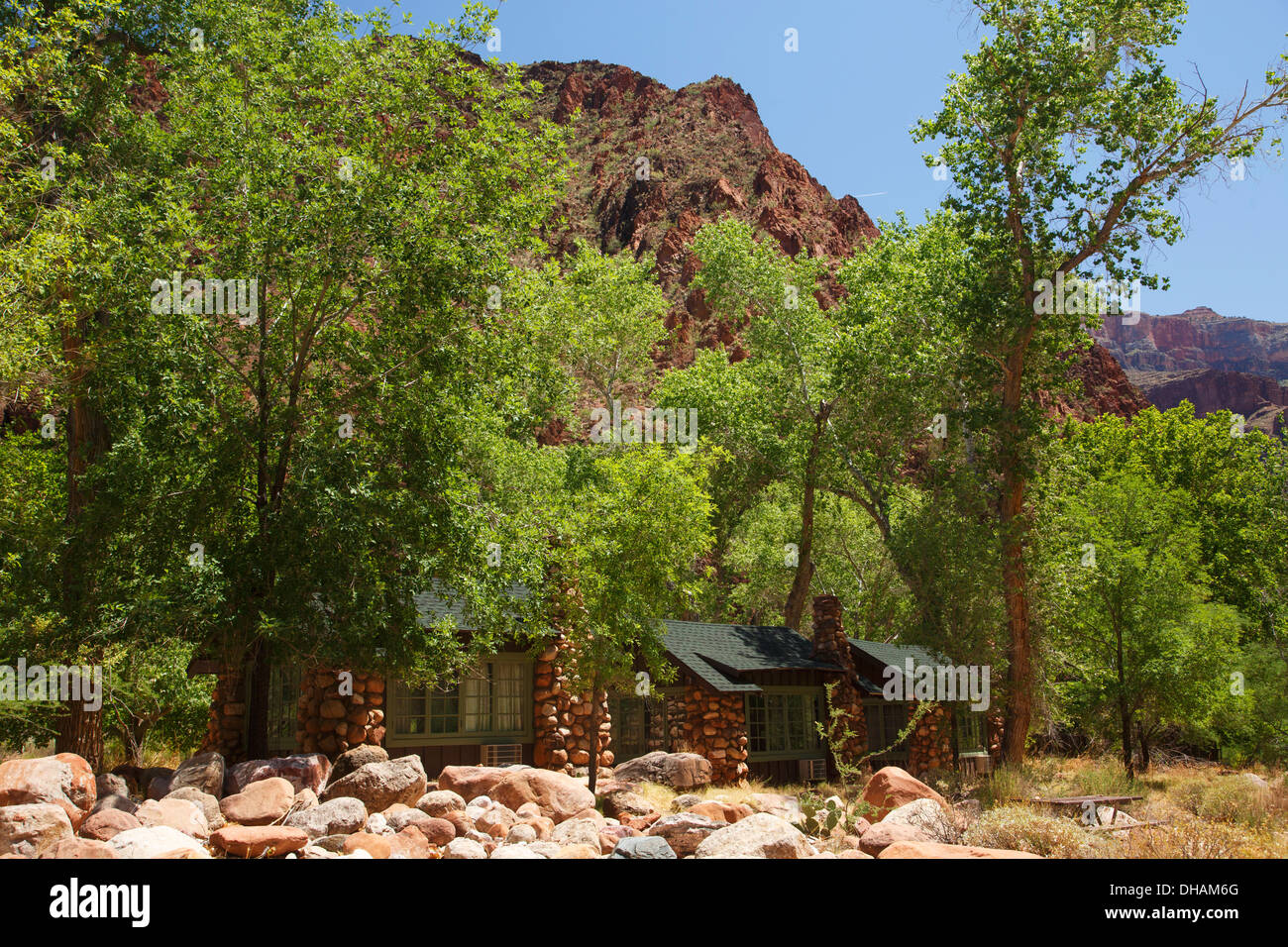 Phantom Ranch in corrispondenza del fondo del Parco Nazionale del Grand Canyon, Arizona. Foto Stock