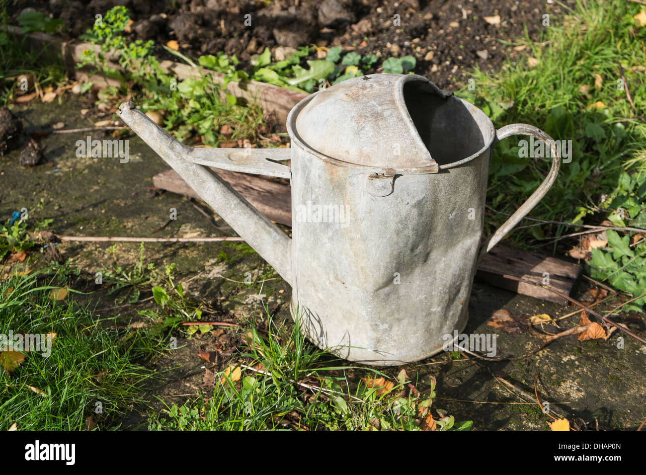 Vecchio annaffiatoio sul percorso del giardino Foto Stock