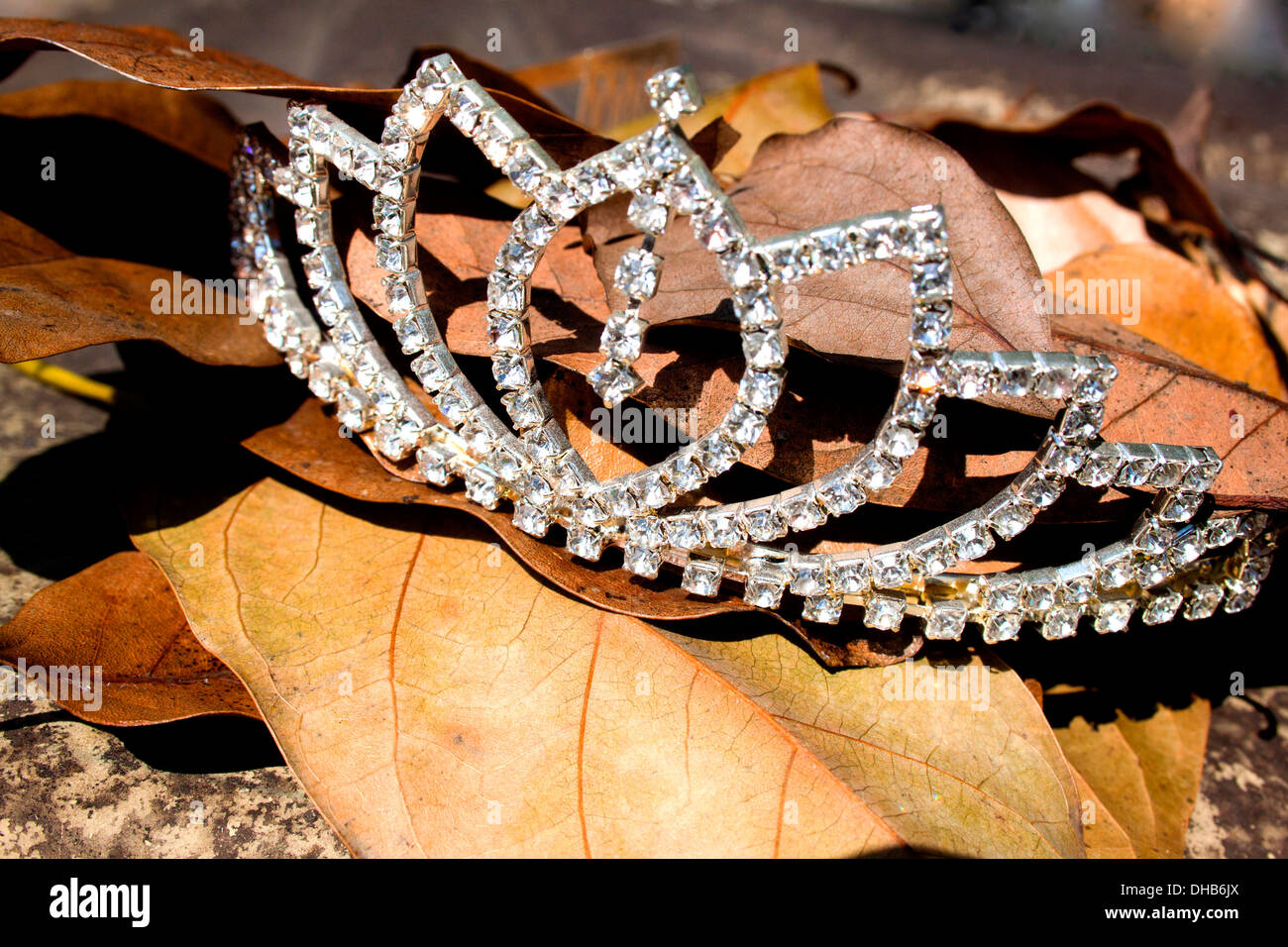 Diamanti nel concetto instabile con tiara giacente sulla parte superiore delle foglie di autunno Foto Stock