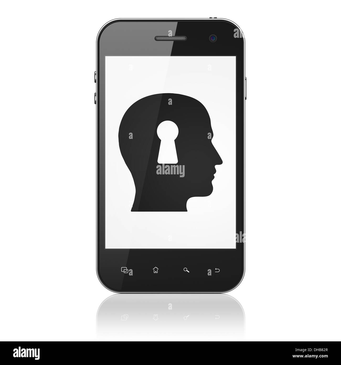 Il concetto di informazione: testa con la tecnica Keyhole sullo smartphone Foto Stock