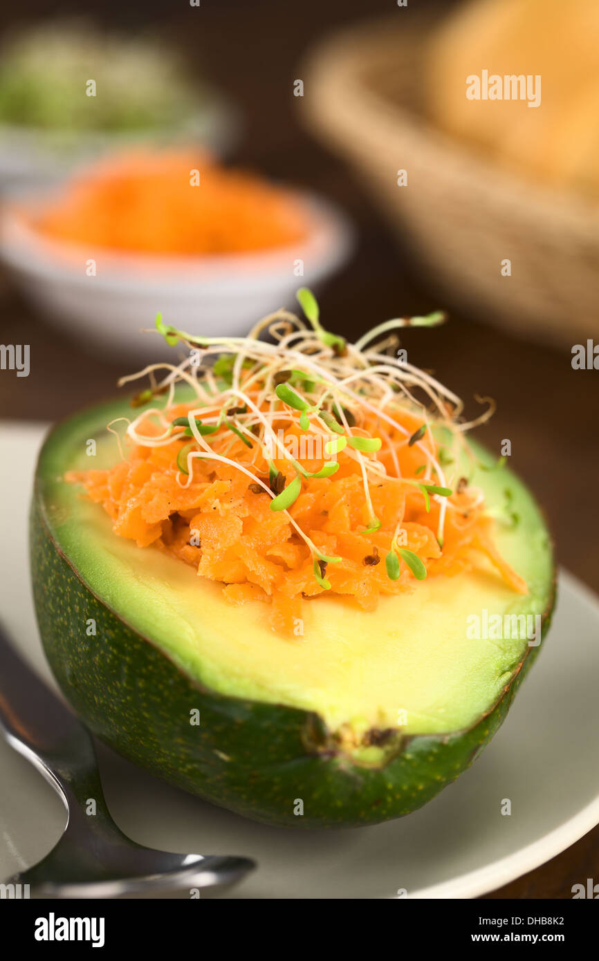Metà di Avocado riempito con carote grattugiate e cosparso di germogli alfalfa servita su piastra Foto Stock
