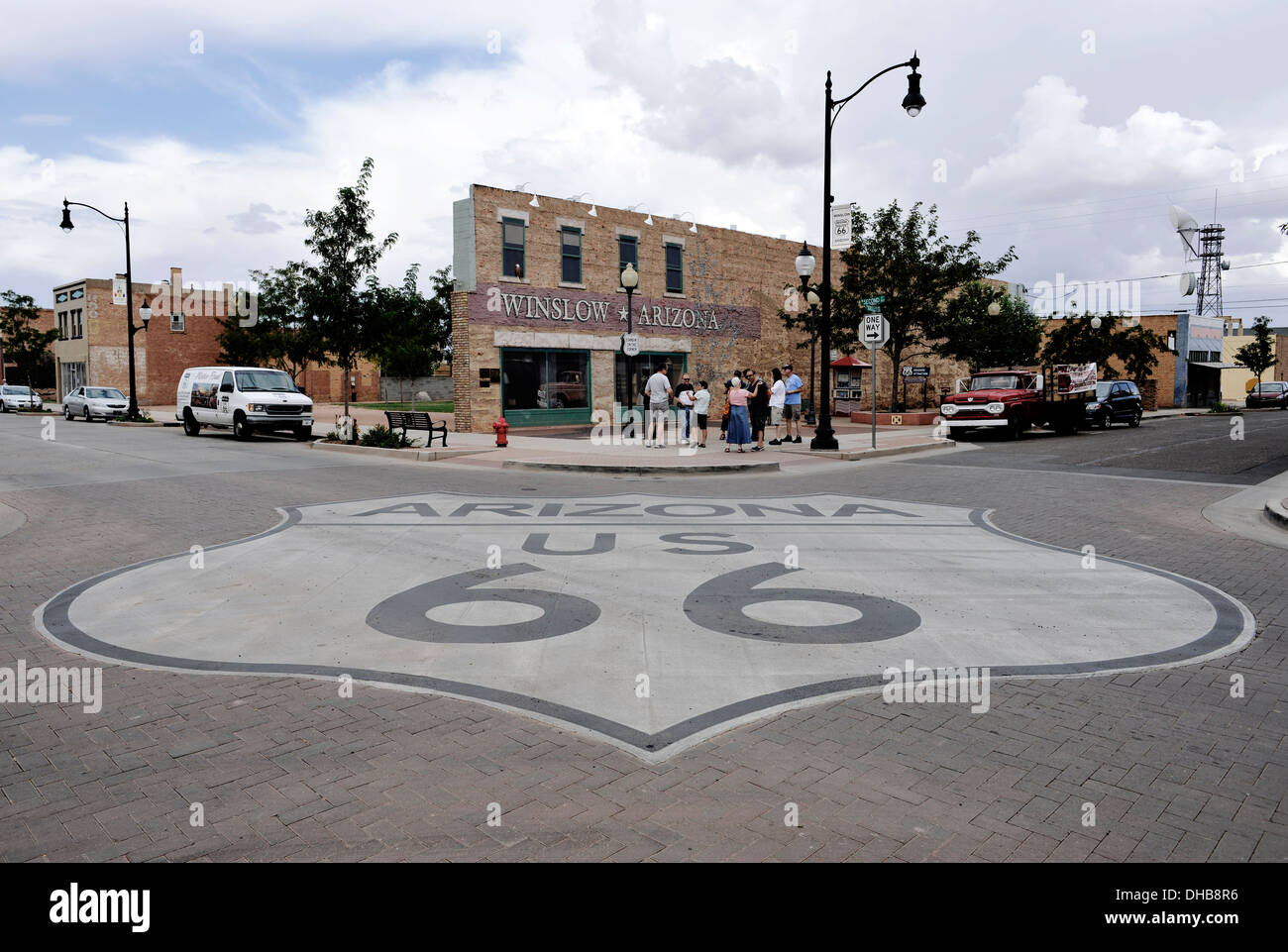 L'angolo di Winslow, Arizona come reso famoso attraverso le aquile' 'Take it easy' canzone.Route 66, STATI UNITI D'AMERICA. Foto Stock
