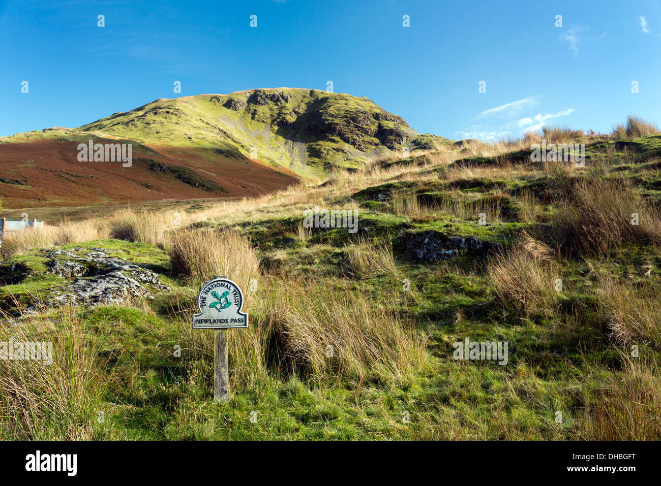 Newlands Valley National Trust segno; Alta Snockrigg cadde in distanza, Lake District inglese, Cumbria Regno Unito. Foto Stock