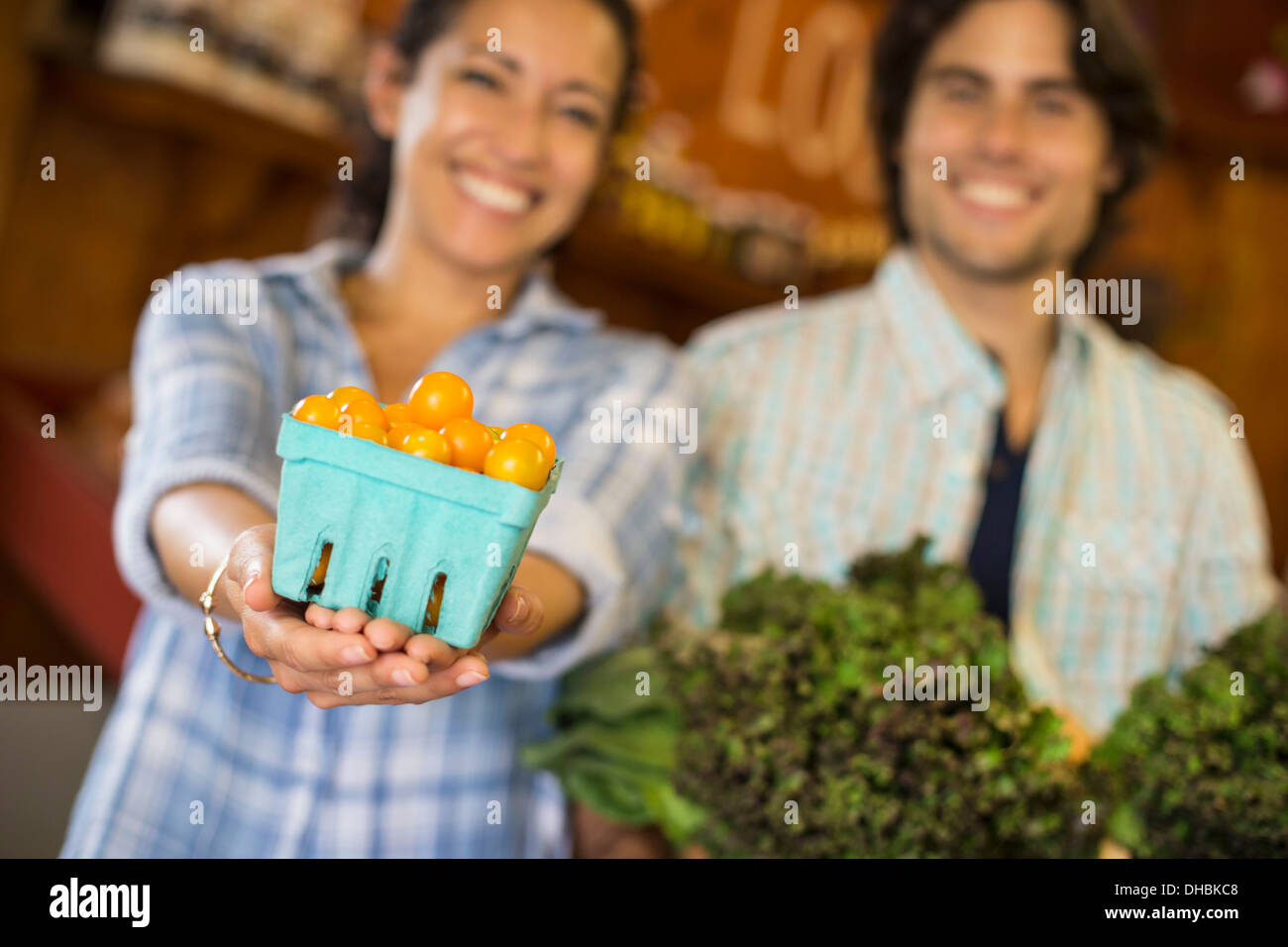 Due persone con cestini di pomodori ricci e le verdure a foglia verde. Lavorando su di una azienda agricola biologica. Foto Stock