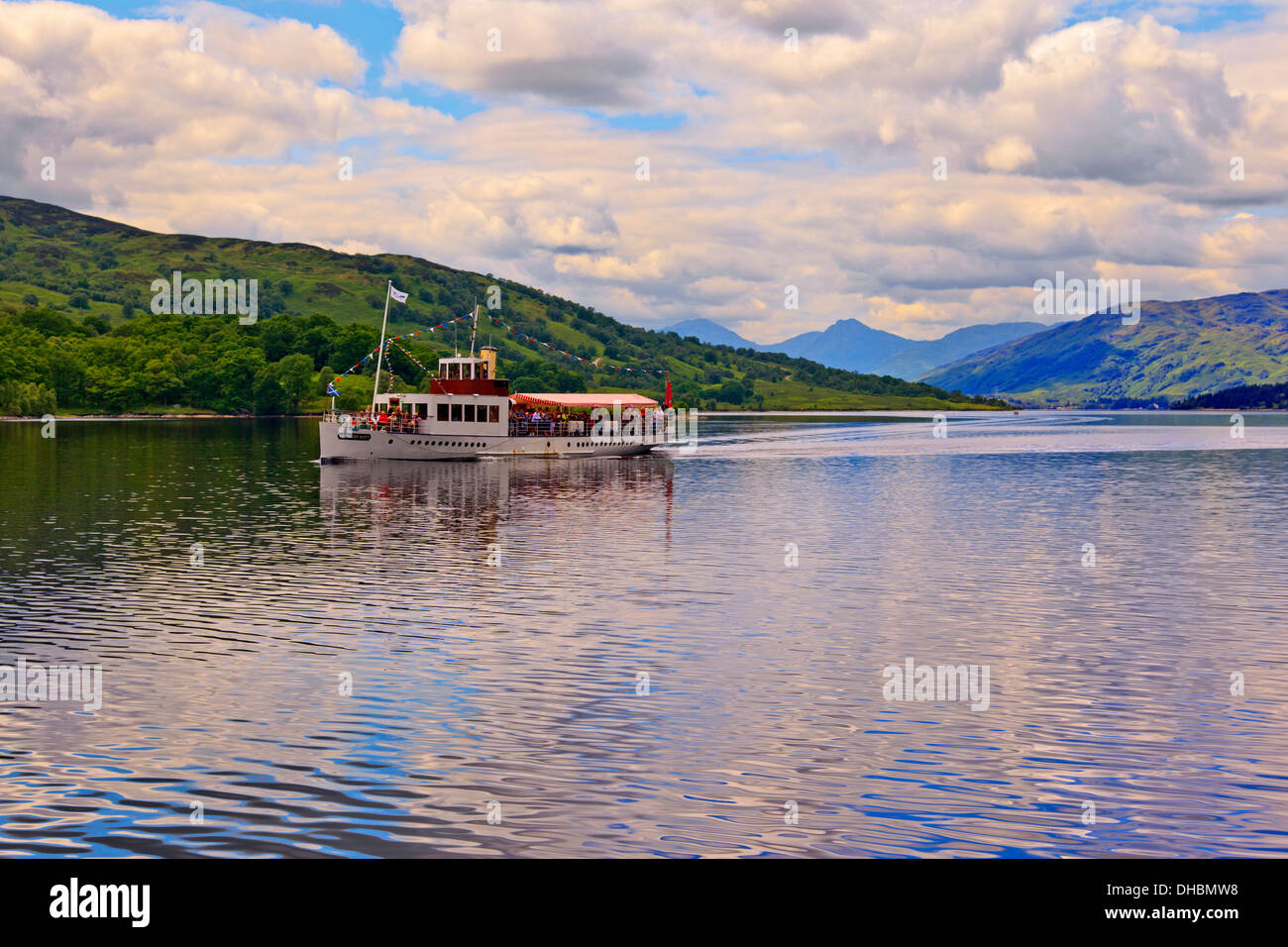 Il Sir Walter Scott steamboat sul Loch Katrine nel Trossachs National Park, Scozia Foto Stock