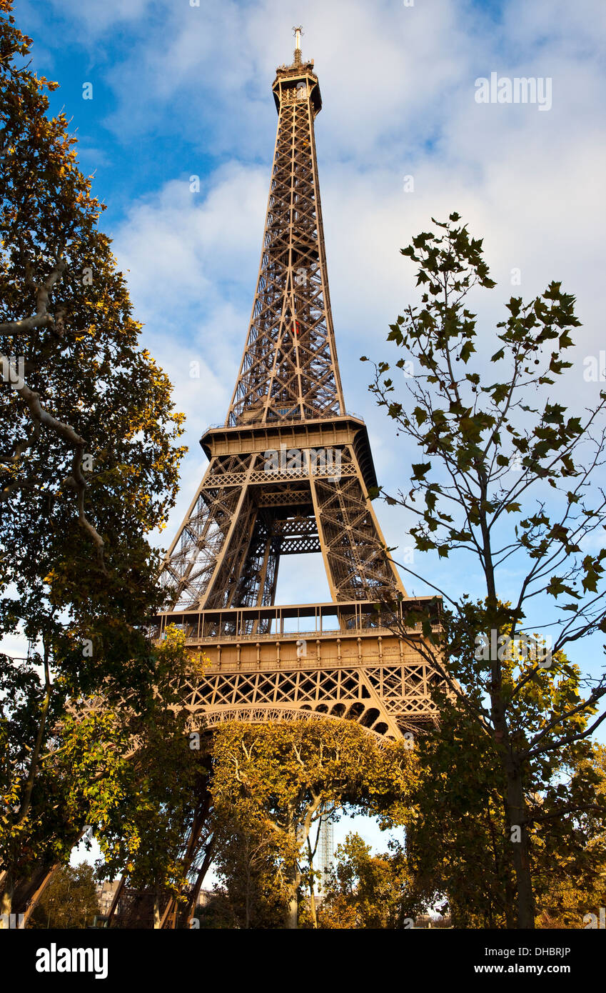 Vista della Torre Eiffel dal Champ de Mars a Parigi. Foto Stock