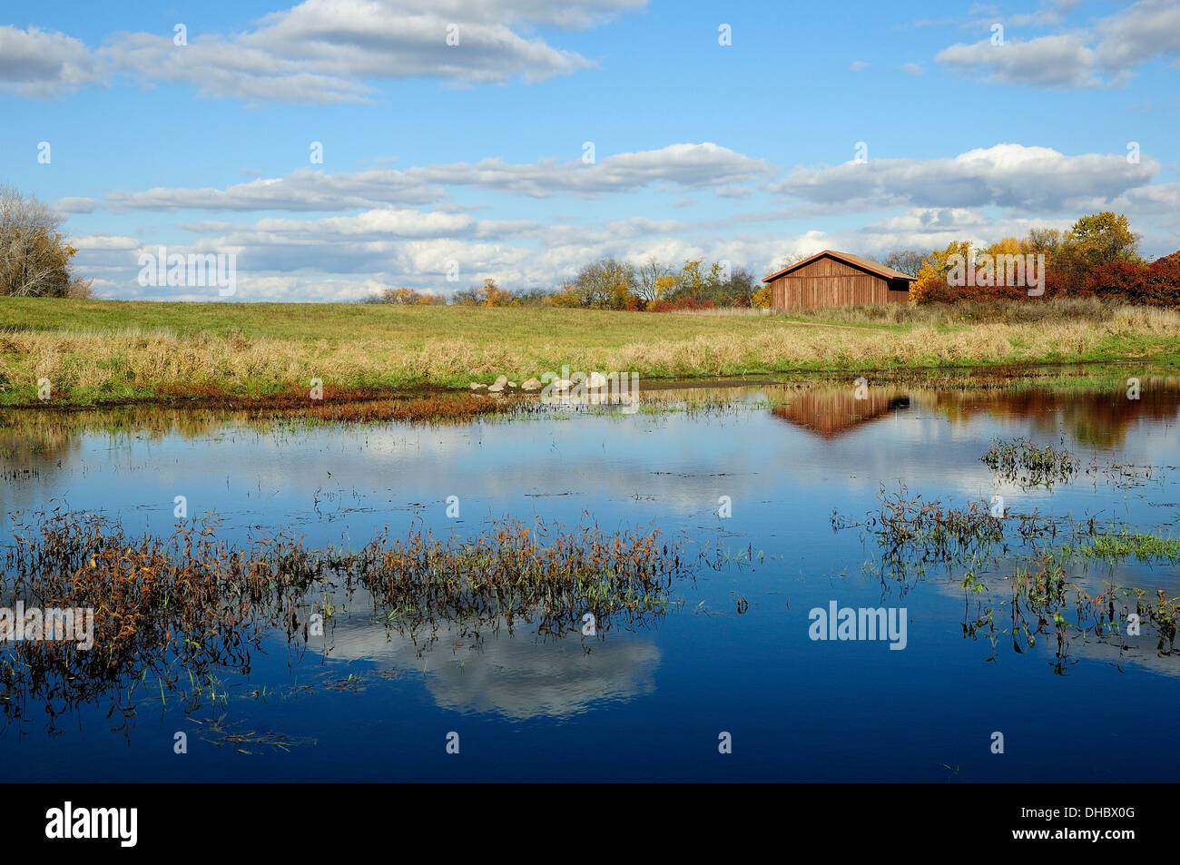 Paesaggio autunnale con stagno e granaio. Foto Stock