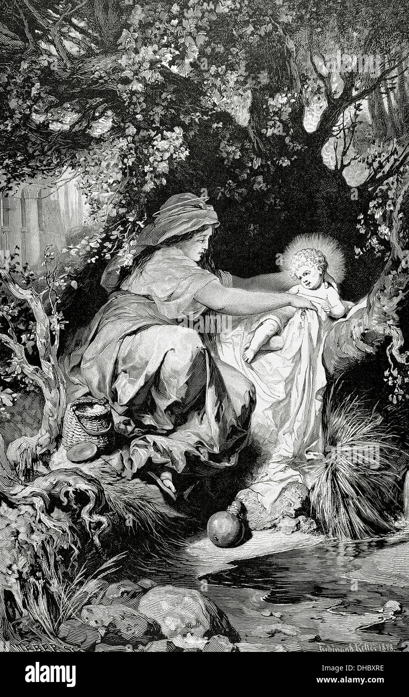 Il Nuovo Testamento. Fuga in Egitto. Incisione di M. Weber. La illustrazione artistica, 1879. Foto Stock
