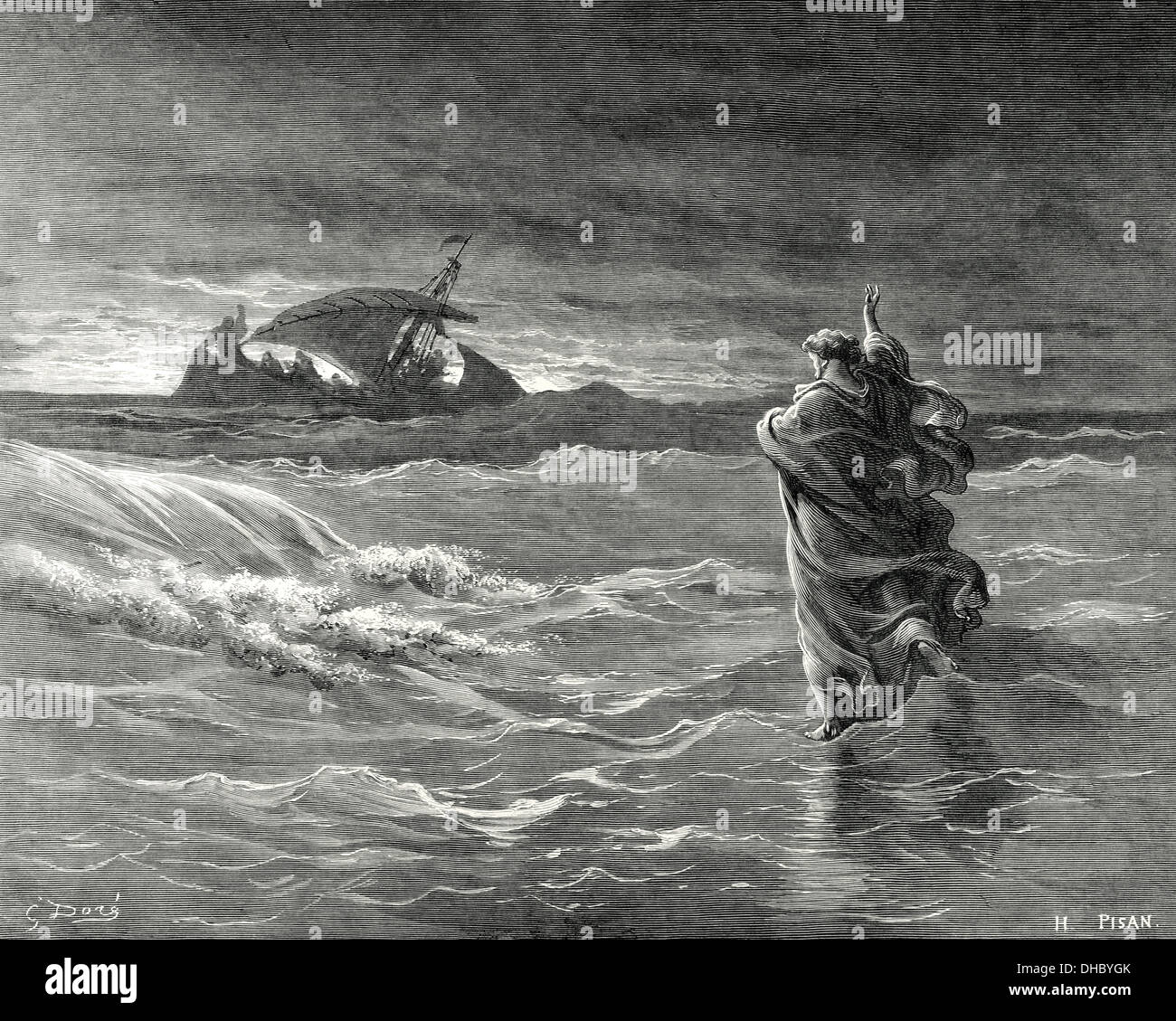 Il Nuovo Testamento. Vangelo di Matteo. Capitolo XIV. Gesù cammina sulle acque del Mare di ​Galilee. Incisione. Foto Stock