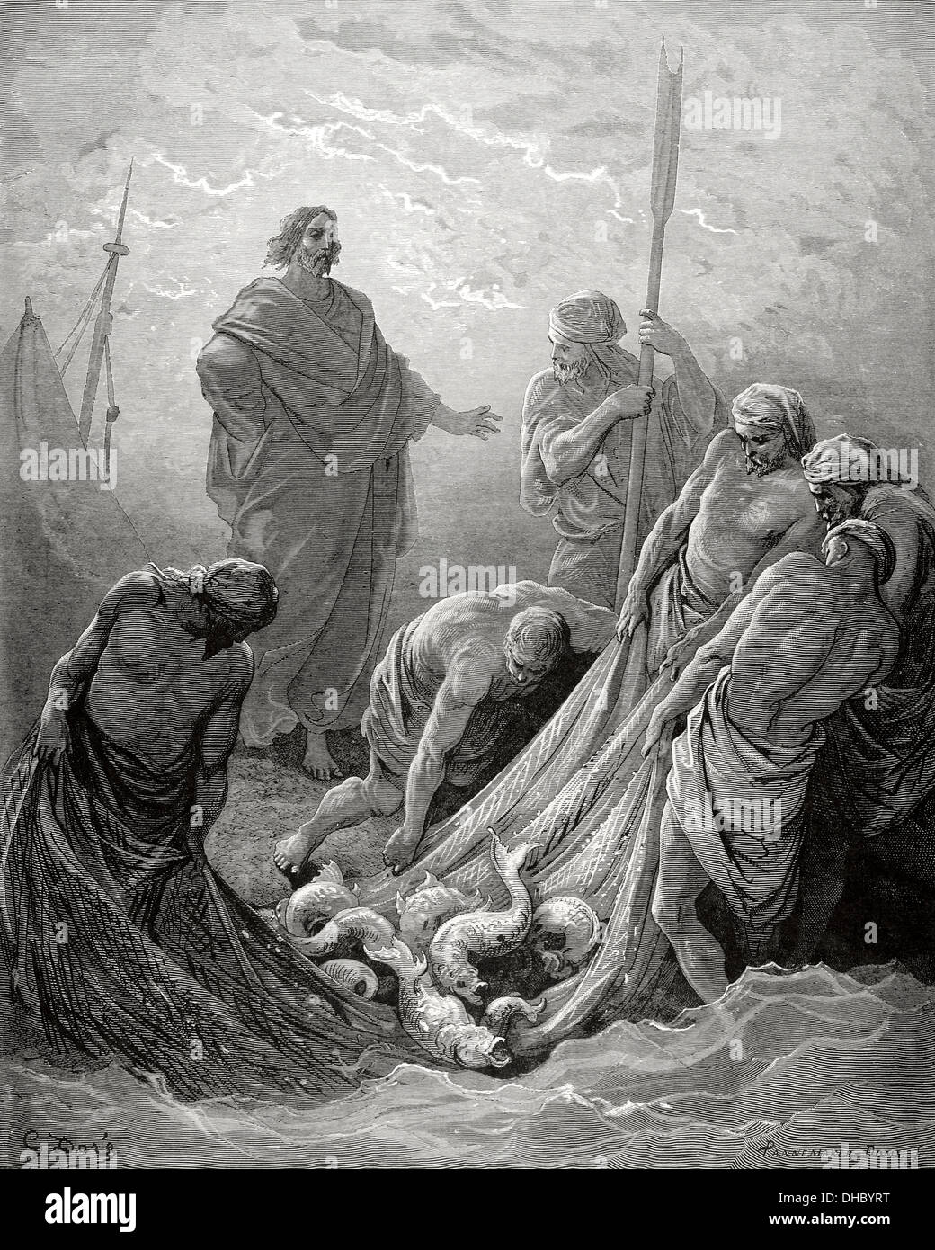 Il Nuovo Testamento. Vangelo di Luca. Capitolo V. Gesù. La pesca miracolosa. Gustave Dore il disegno. Incisione di Pannemaker. Foto Stock