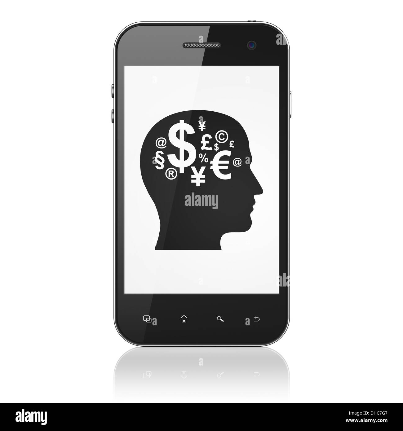 Il concetto di business: testa con il simbolo delle finanze sullo smartphone Foto Stock