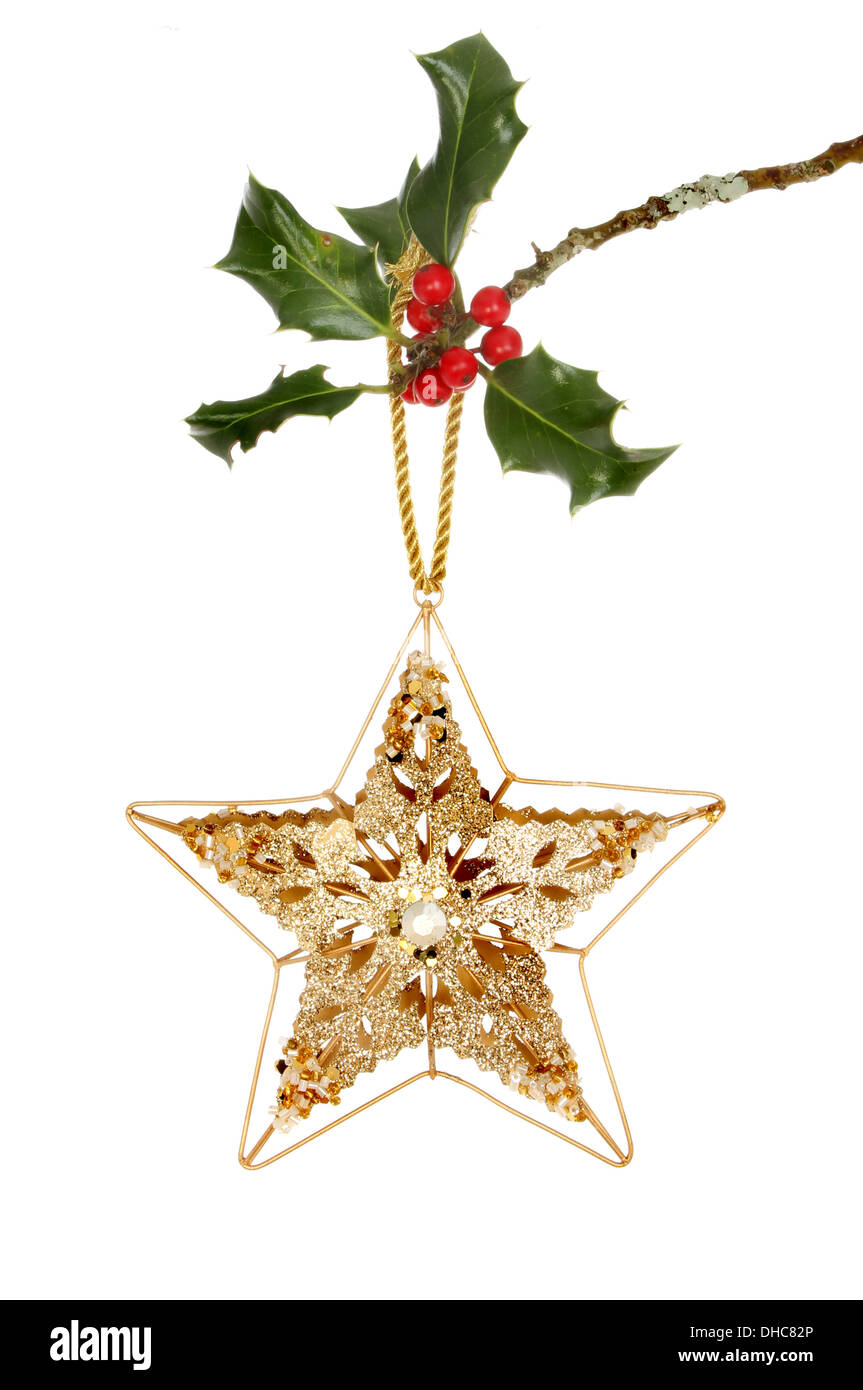 Oro, glitter e jeweled stella di Natale appeso a un ramo di agrifoglio isolata contro bianco Foto Stock