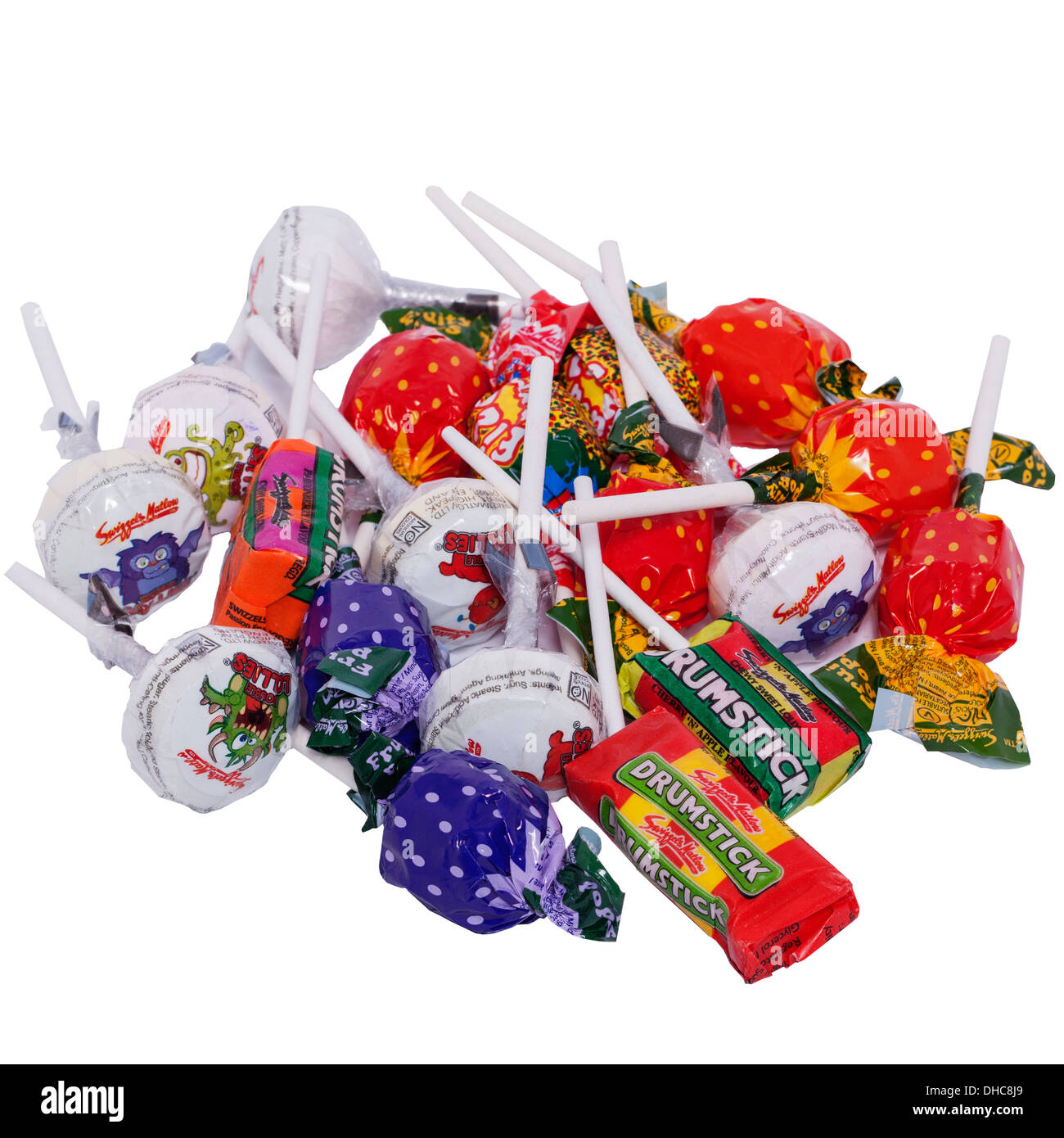 Una miscela di lecca lecca lollies da swizzels matlow ltd su sfondo bianco Foto Stock