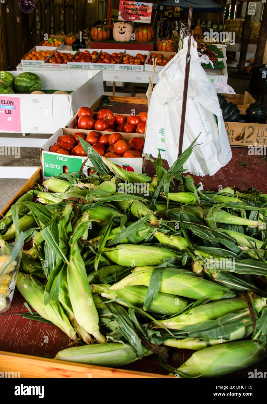 Il mais e altri prodotti per la vendita al Norton Agriturismo vicino a San Carlo, Illinois, una città lungo la Lincoln Highway Foto Stock
