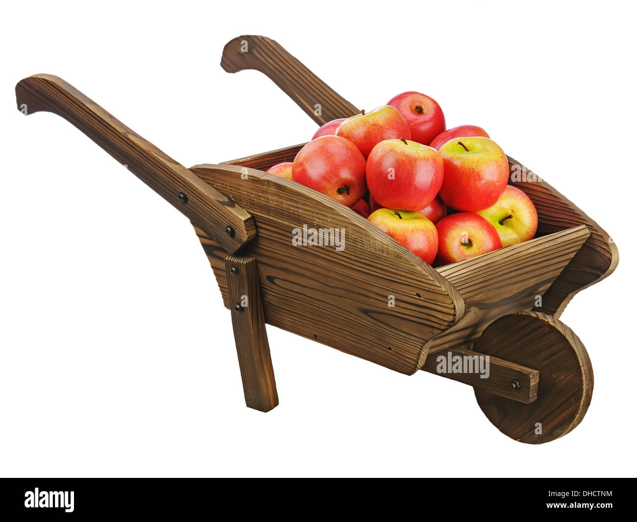 Le mele rosse su legno pushcart isolati su sfondo bianco. Primo piano. Foto Stock