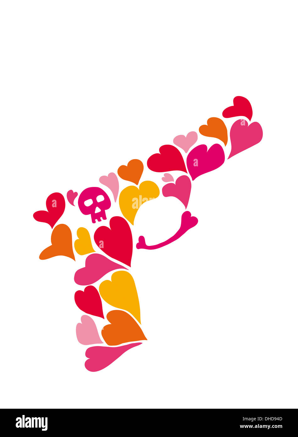 Amore pistola con cuori e un cranio Foto Stock