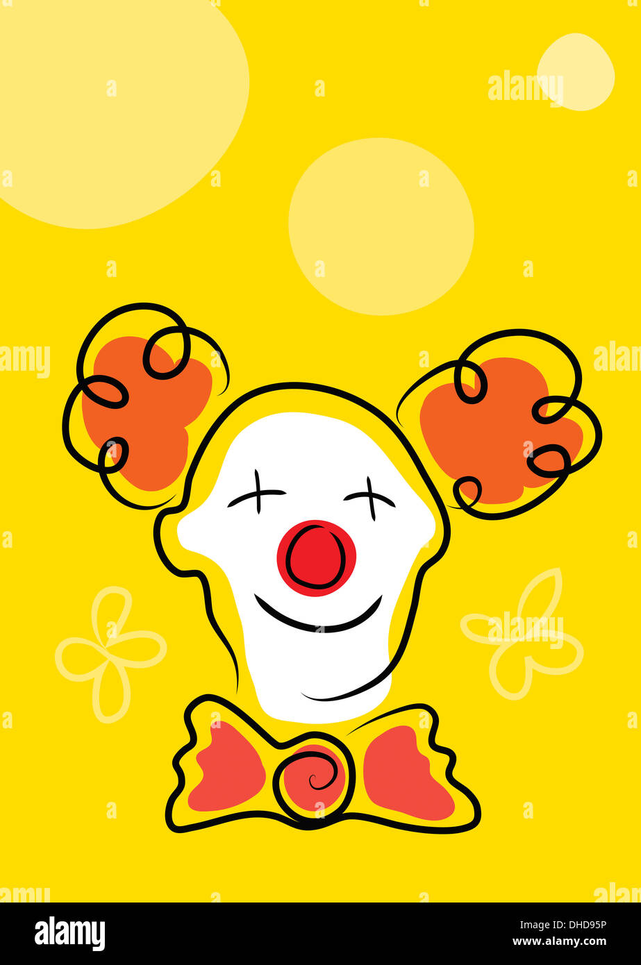 Happy clown con maschera facciale bianca e naso rosso su sfondo giallo Foto Stock