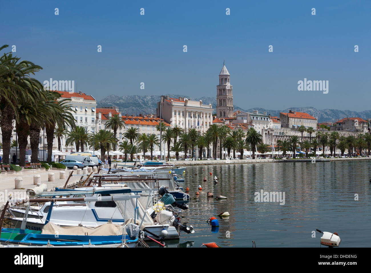 Lungomare, il porto e la cattedrale, Split, Croazia, Europa Foto Stock