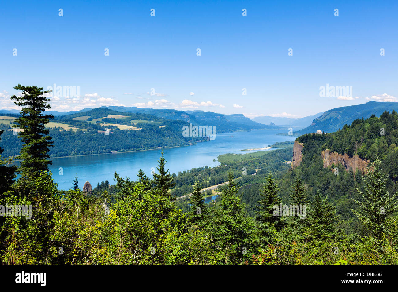 Vista sul Columbia River Gorge dalla storica Columbia River autostrada guardando verso la corona e il punto di vista Casa, Oregon, Stati Uniti d'America Foto Stock